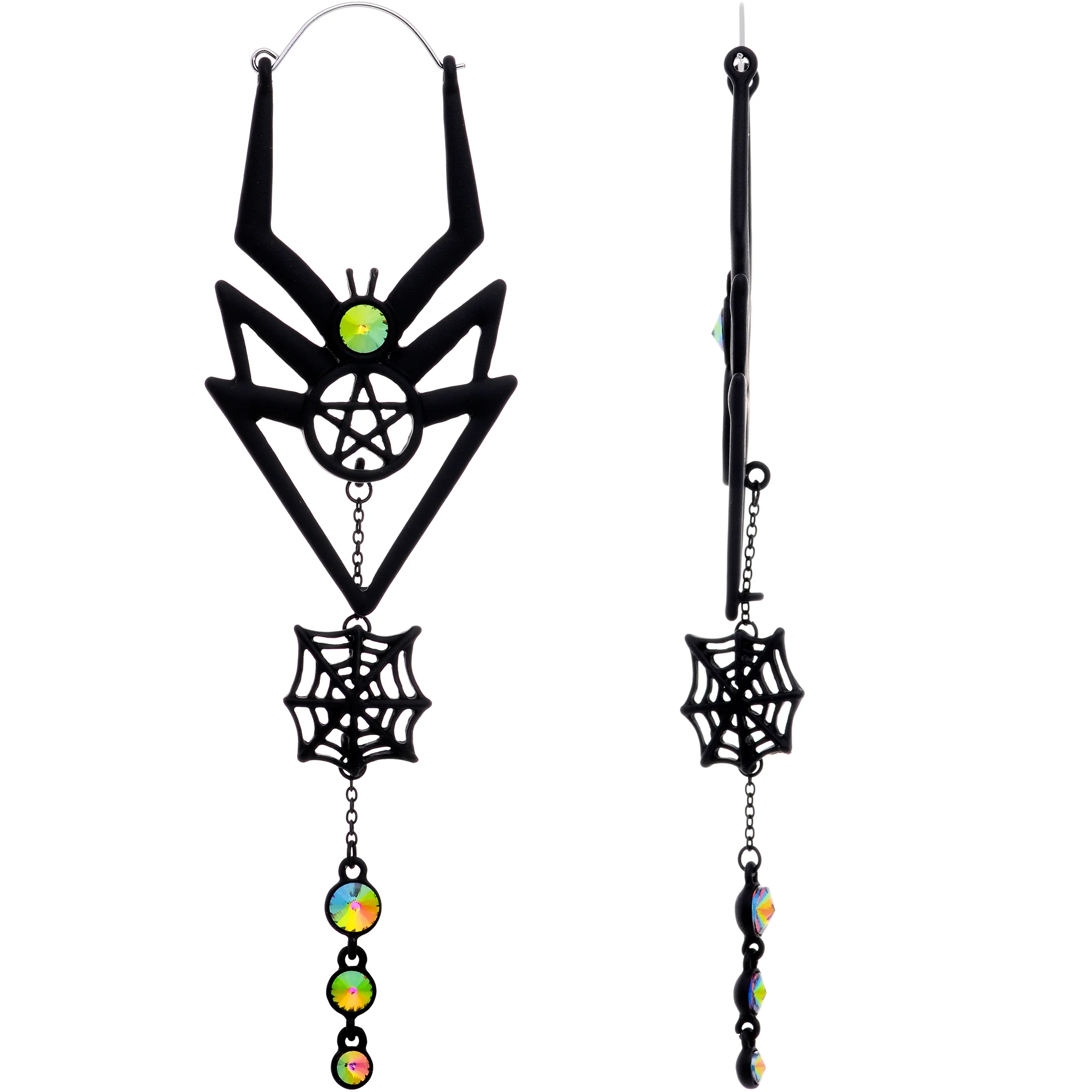 Vitrail Gem Black Spider Pentagram Dangle Tunnel Plug Earrings - Image 3