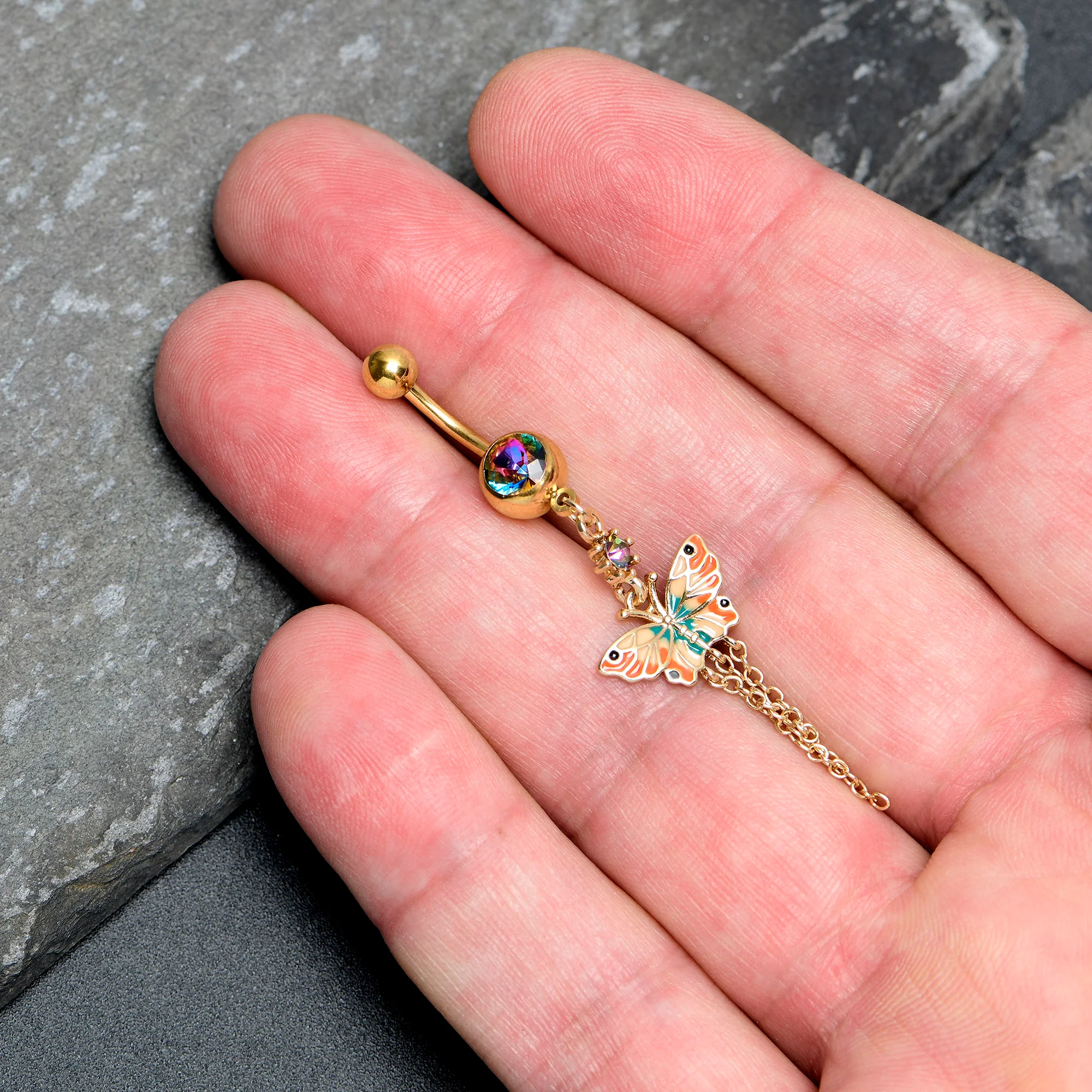 Vitrail Gem Gold Tone Sunrise Butterfly Dangle Belly Ring - Image 3