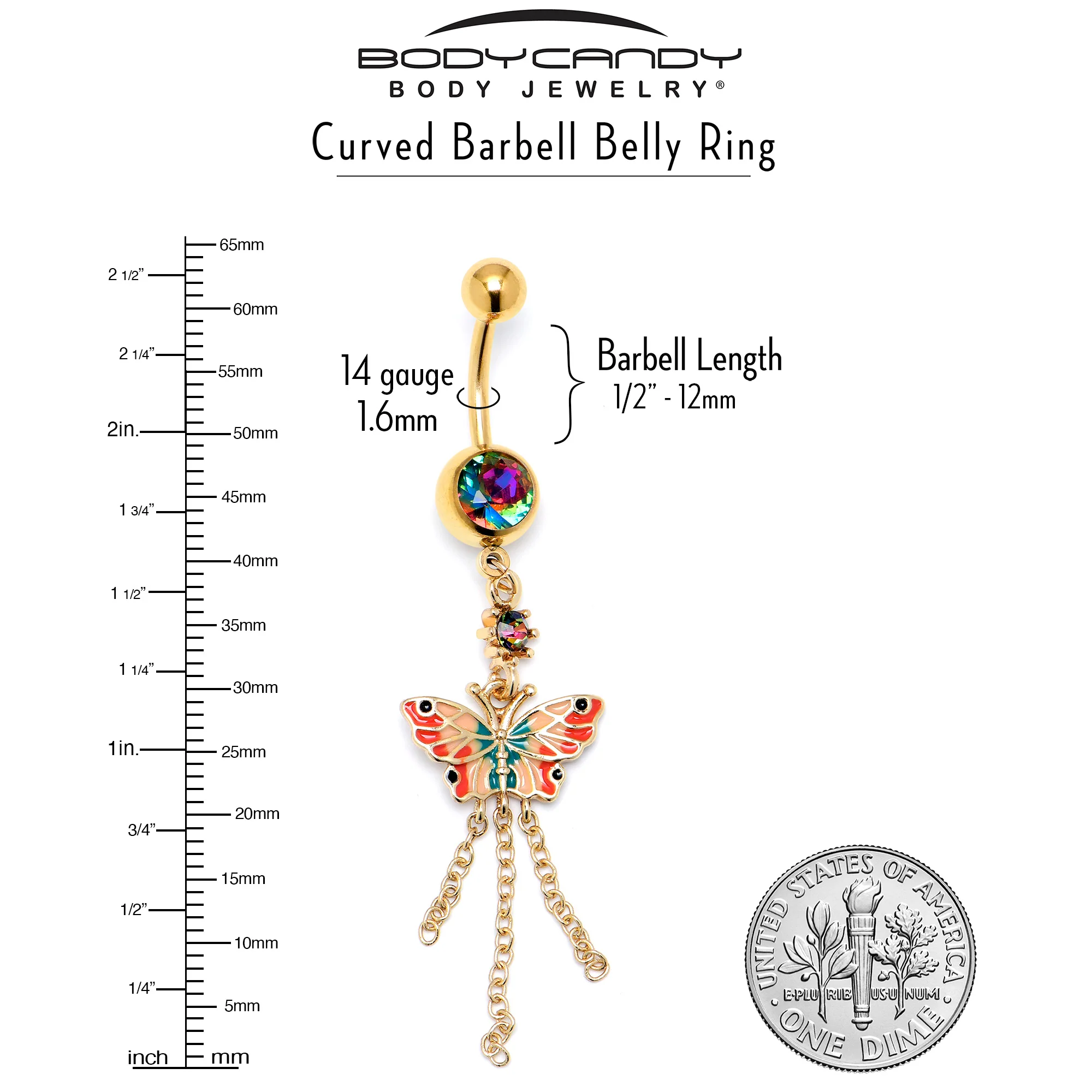 Vitrail Gem Gold Tone Sunrise Butterfly Dangle Belly Ring - Image 4