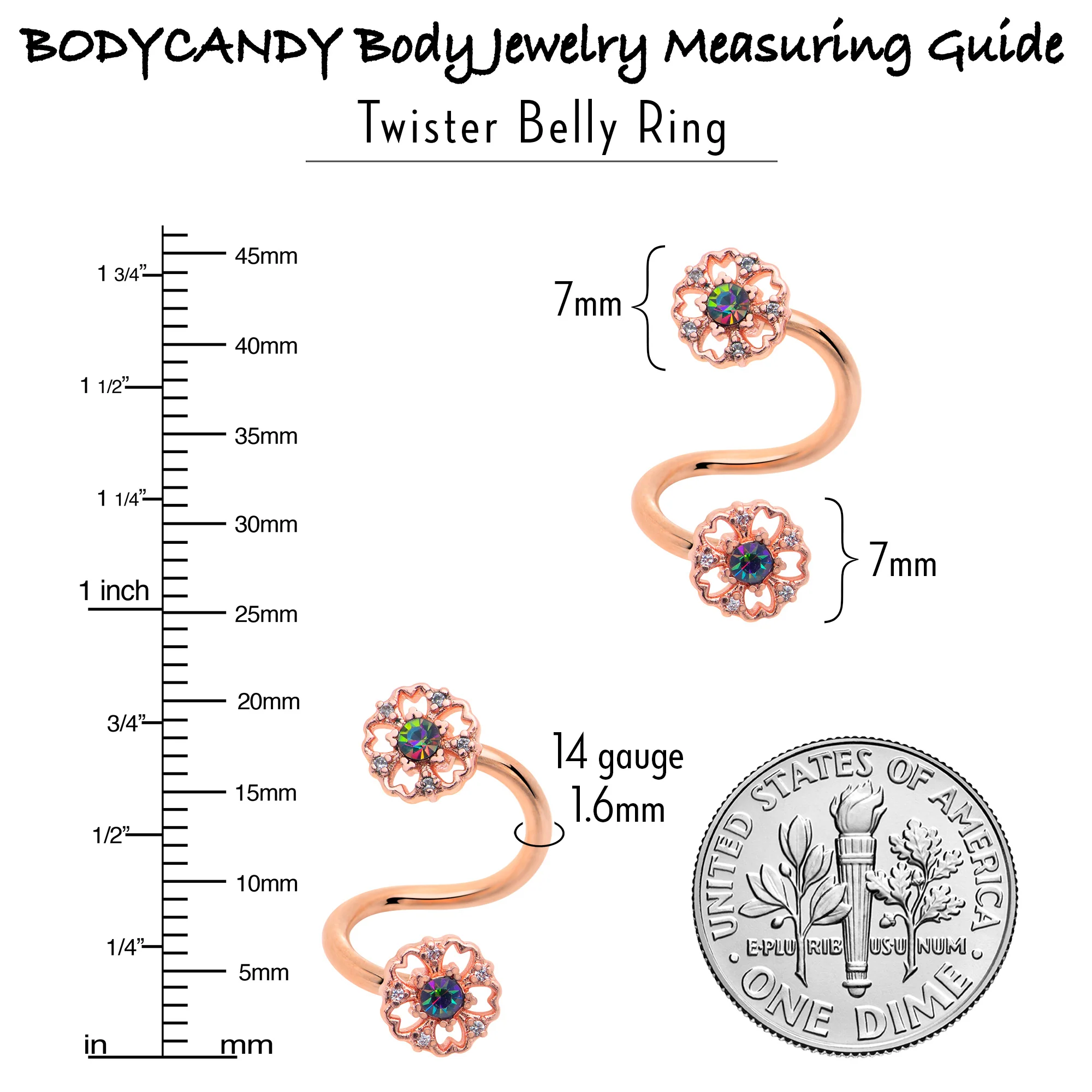 Vitrail Gem Rose Gold Tone Flower Spiral Twister Belly Ring - Image 5