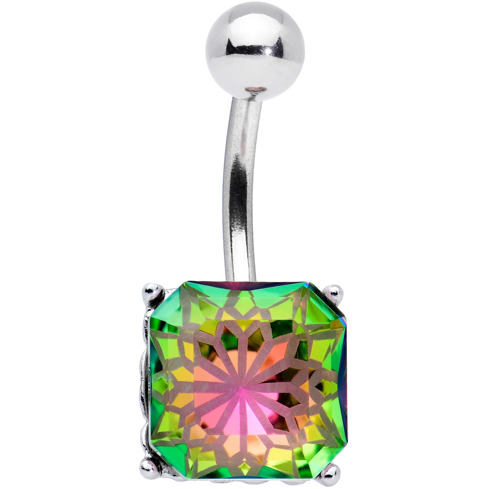 Vitrail Gem Square Stylish Elegance Mandala Flower Belly Ring - Image 2