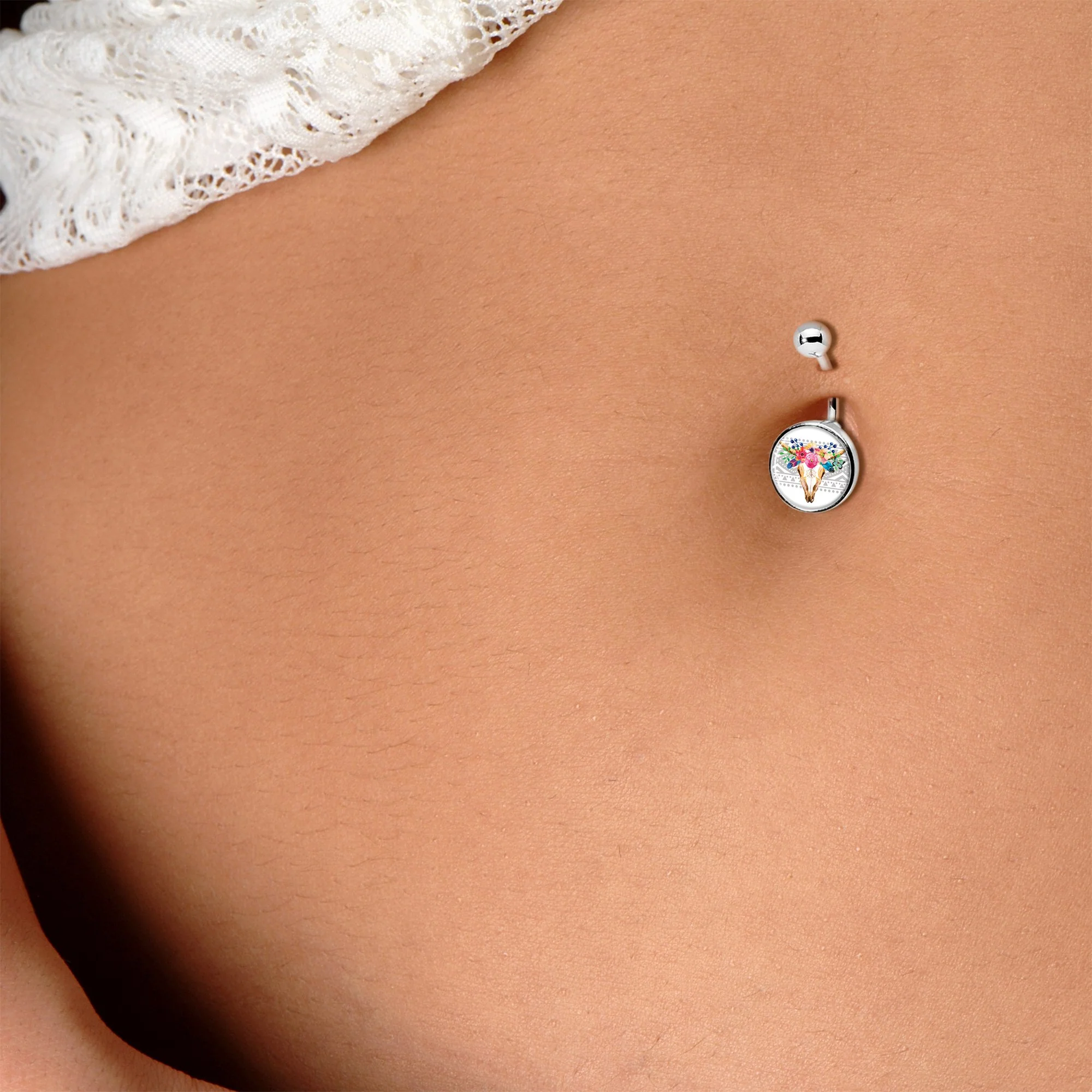 Watercolor Flower Animal Skull Belly Ring - Image 5