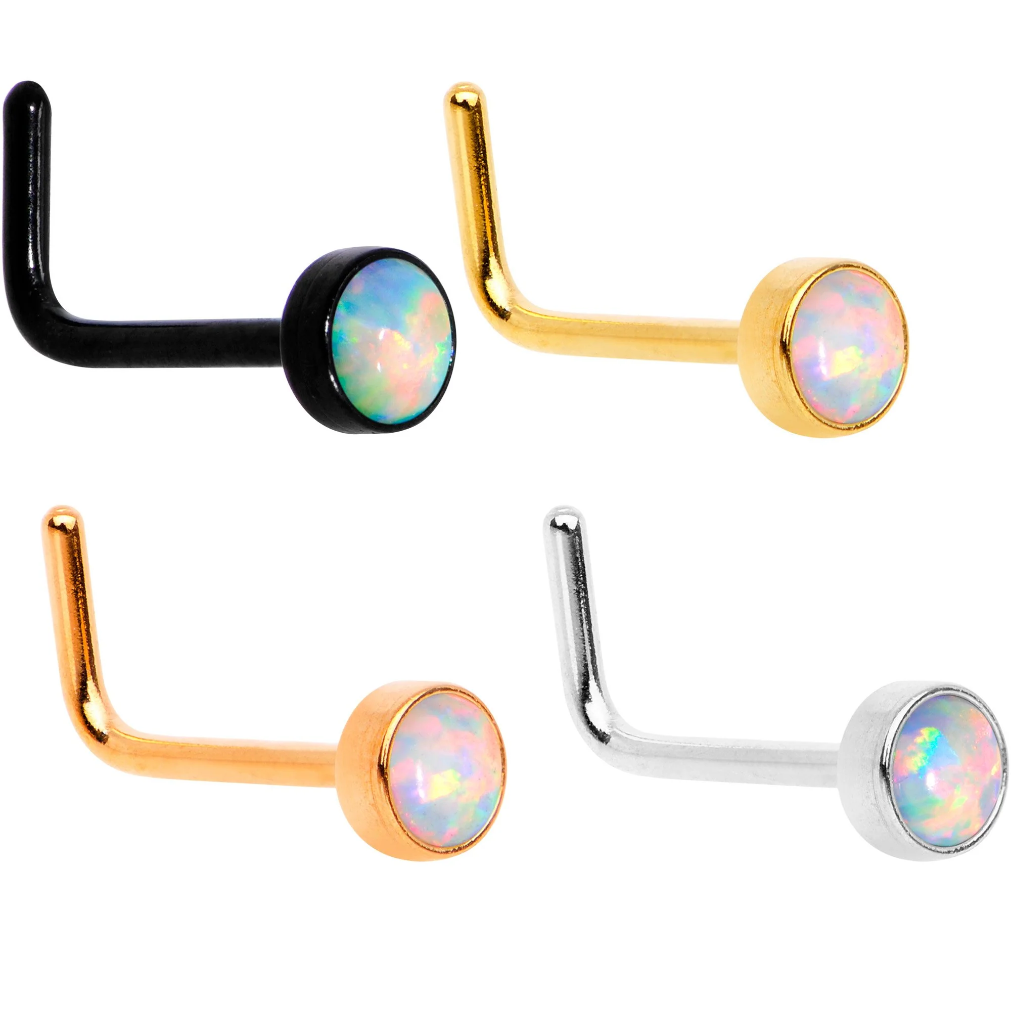 White 3mm Synthetic Opal Anodized Press Fit L Shaped Nose Ring 4 Pack Set - Image 3
