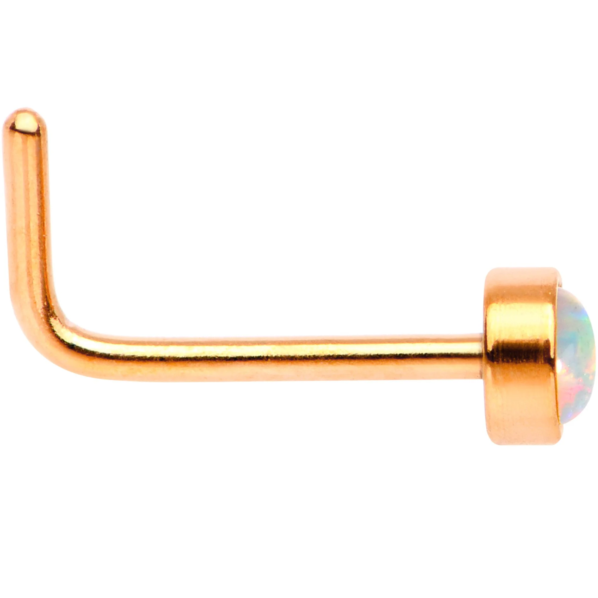White 3mm Synthetic Opal Rose Gold Tone Press Fit L-Shape Nose Ring - Image 2