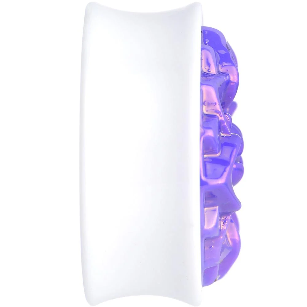 White Acrylic Pretty Purple Pearlescent Flower Saddle Plug Available in Sizes 0G to 25mm - Image 2