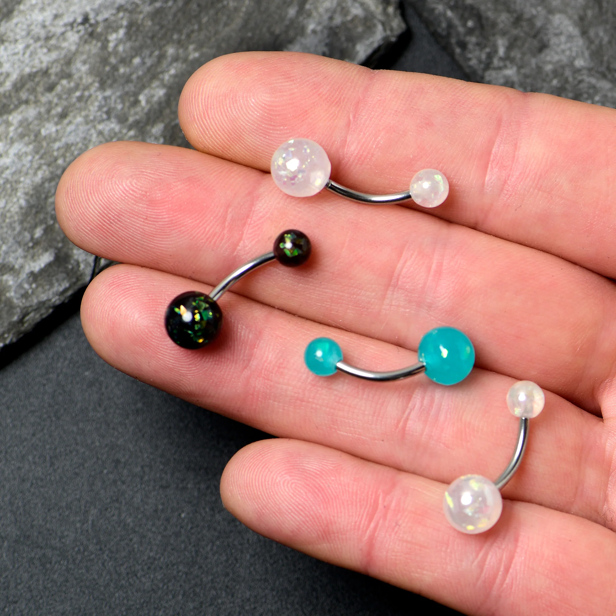 White Aurora Green Black Faux Opal Pack Belly Ring Set of 4 - Image 4