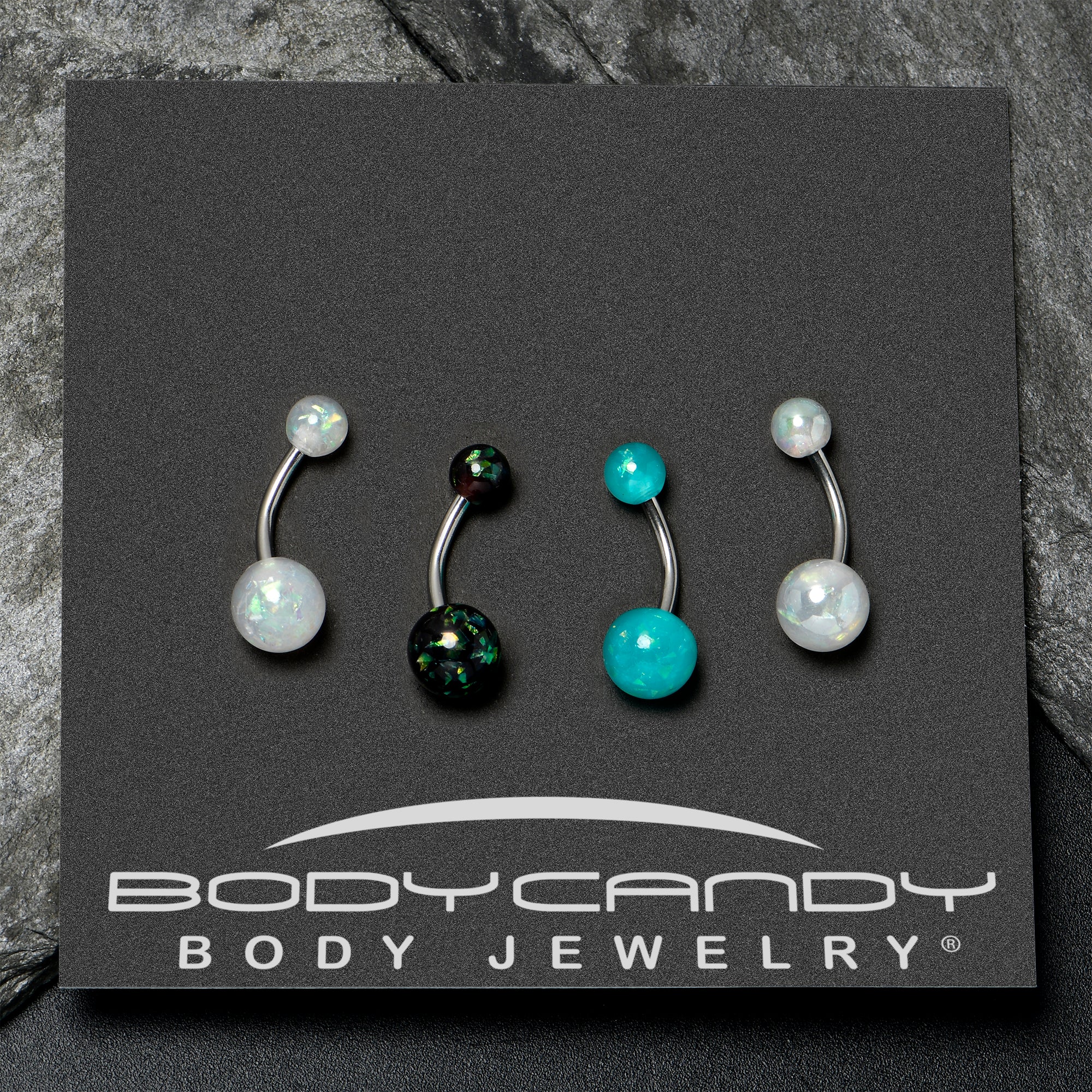 White Aurora Green Black Faux Opal Pack Belly Ring Set of 4 - Image 6