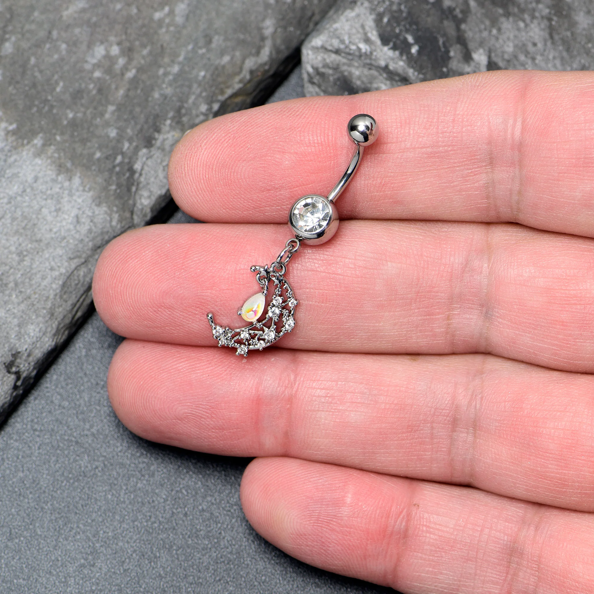 White Clear Gem Constellation Moon Dangle Belly Ring - Image 2