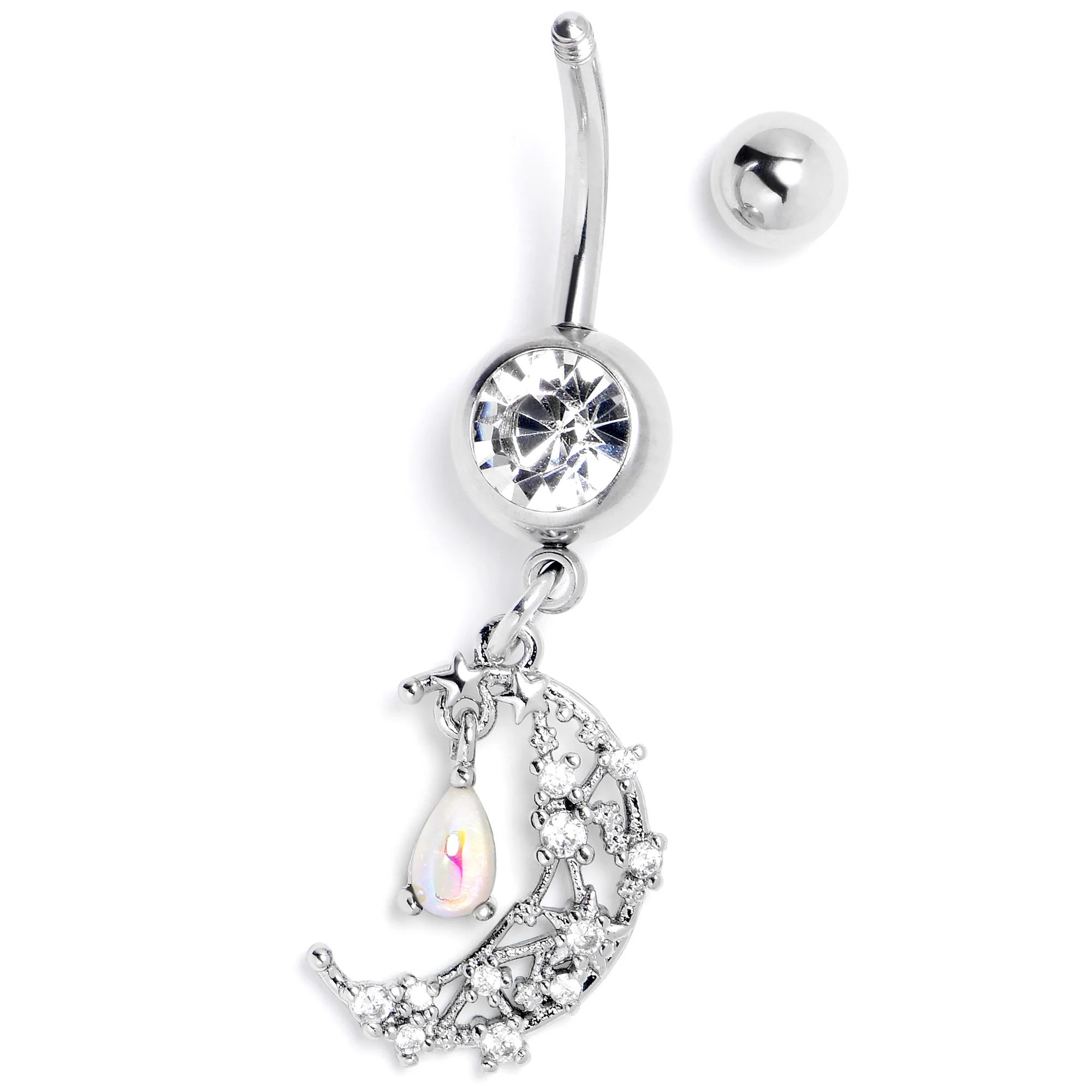 White Clear Gem Constellation Moon Dangle Belly Ring - Image 4