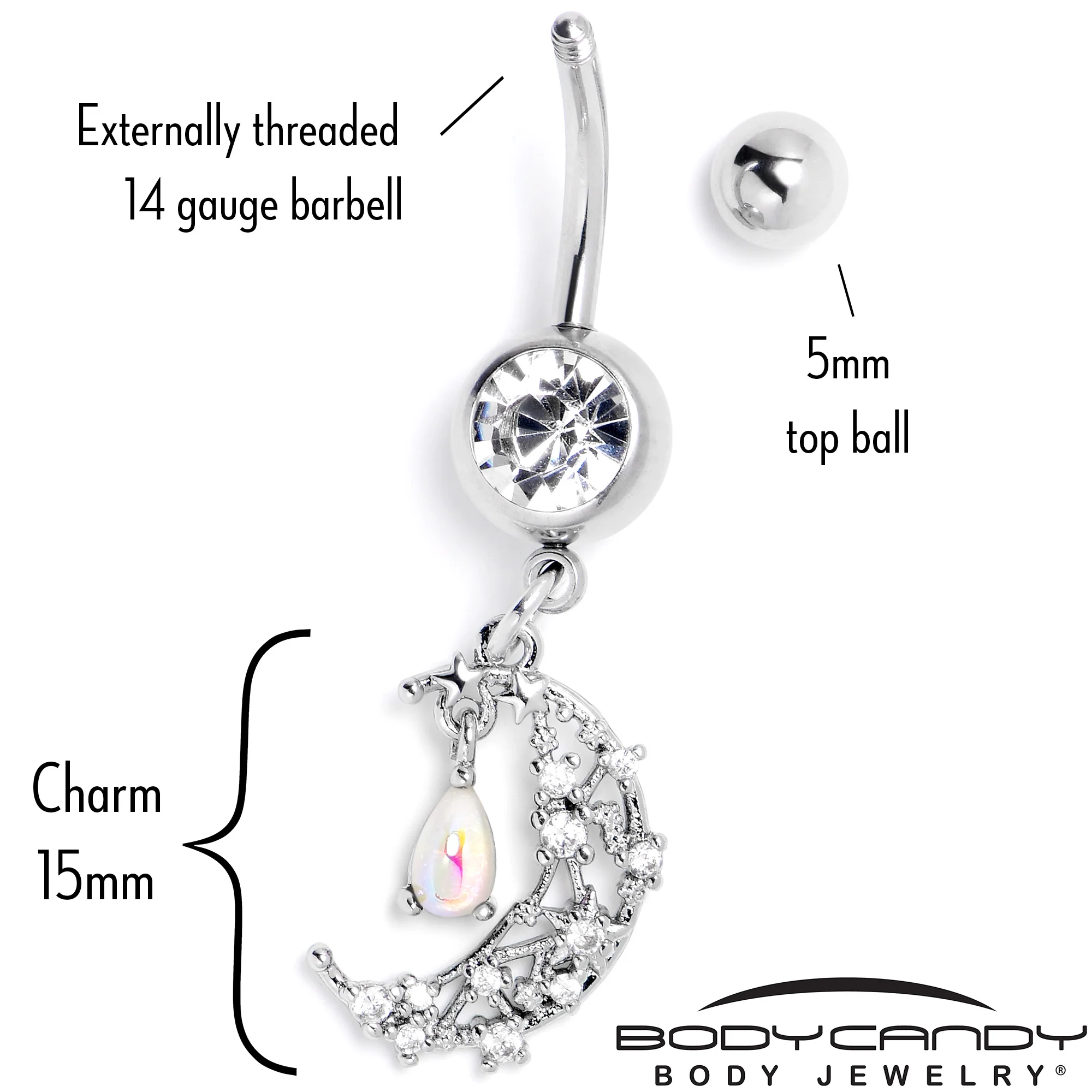 White Clear Gem Constellation Moon Dangle Belly Ring - Image 5