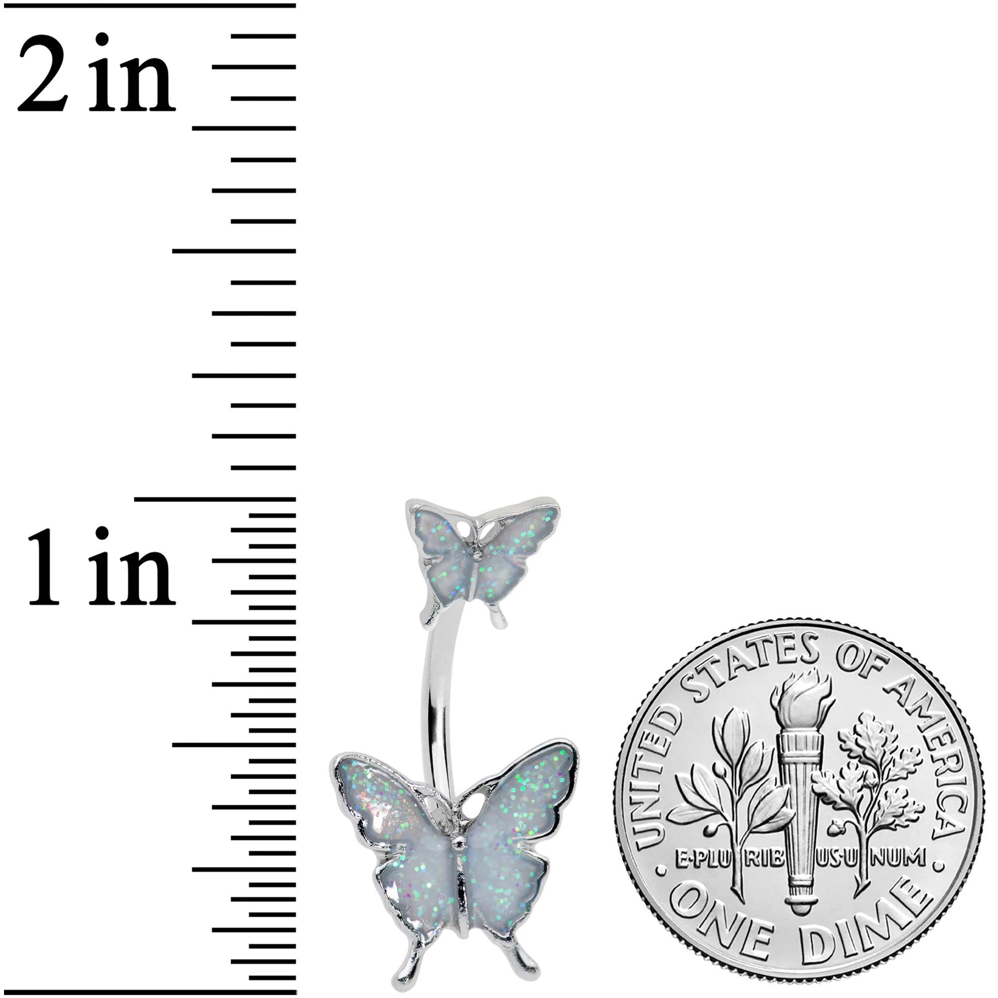 White Double Butterfly Glitter Wings Double Mount Belly Ring - Image 2