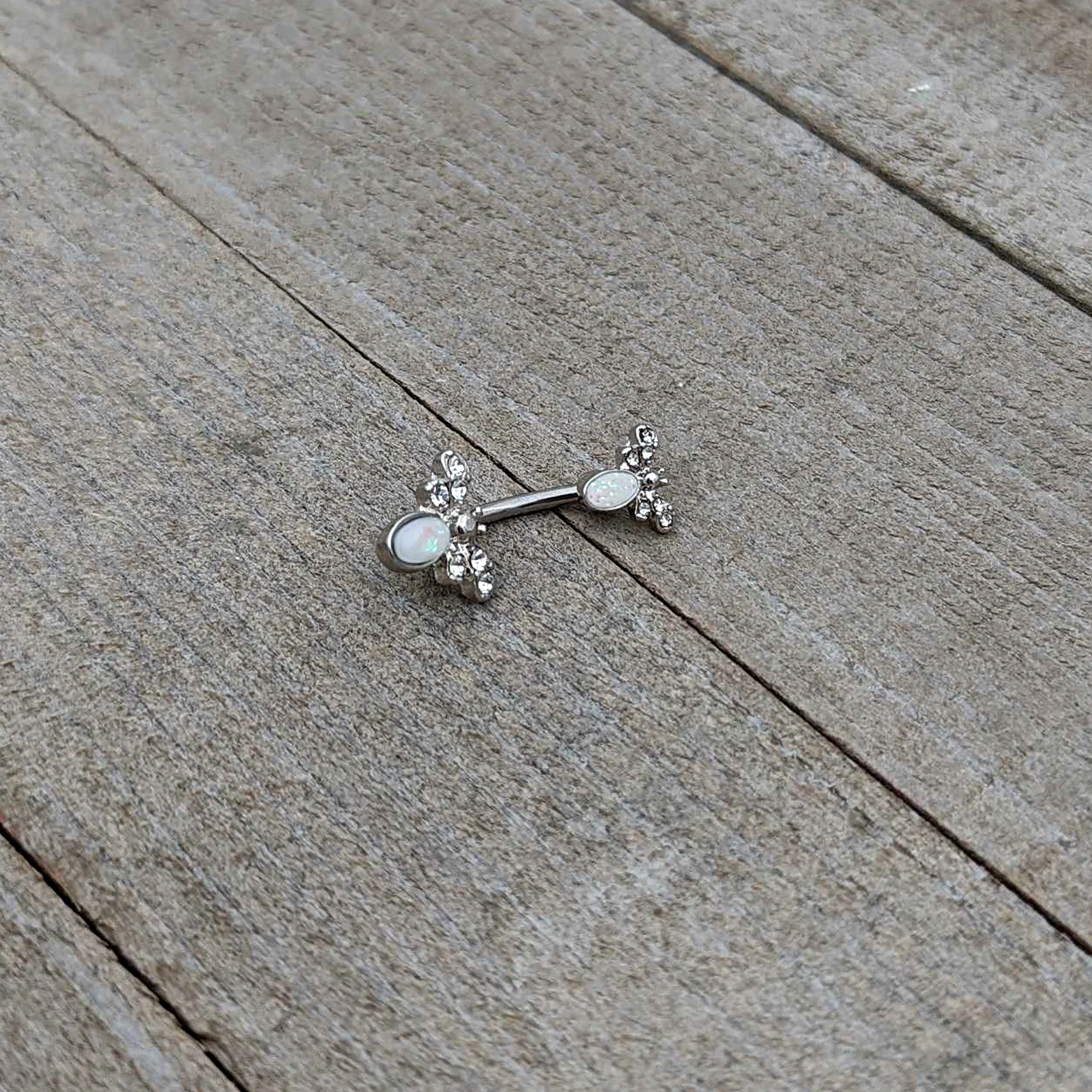 White Faux Opal Clear Gem Double Butterfly Double Mount Belly Ring - Image 6