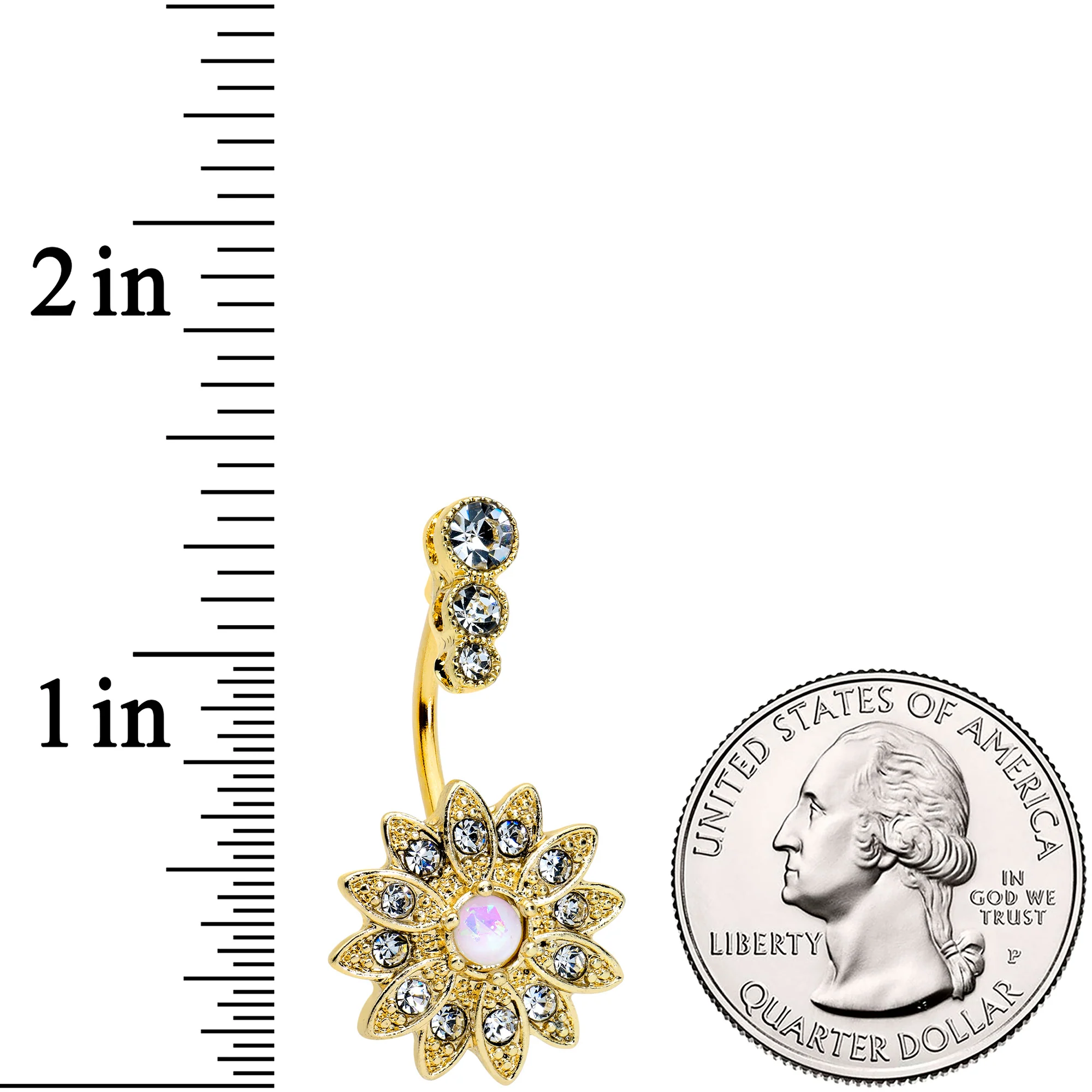 White Faux Opal Clear Gem Gold Tone Triple Drop Floral Belly Ring - Image 2