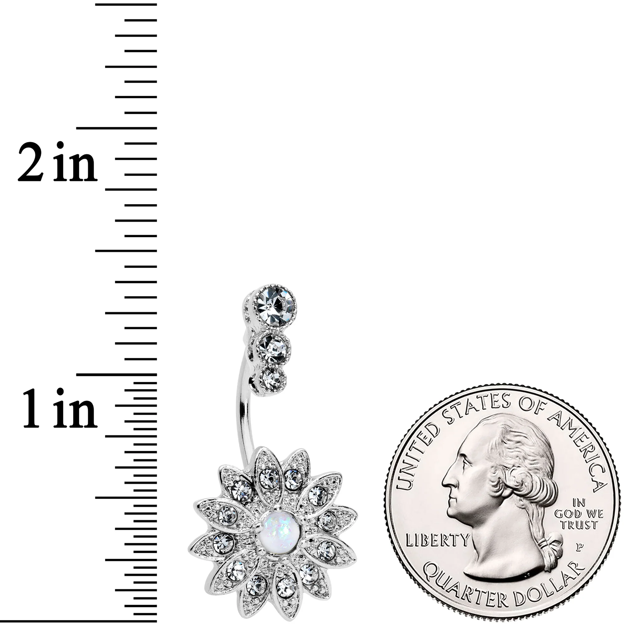 White Faux Opal Clear Gem Triple Drop Floral Belly Ring - Image 2
