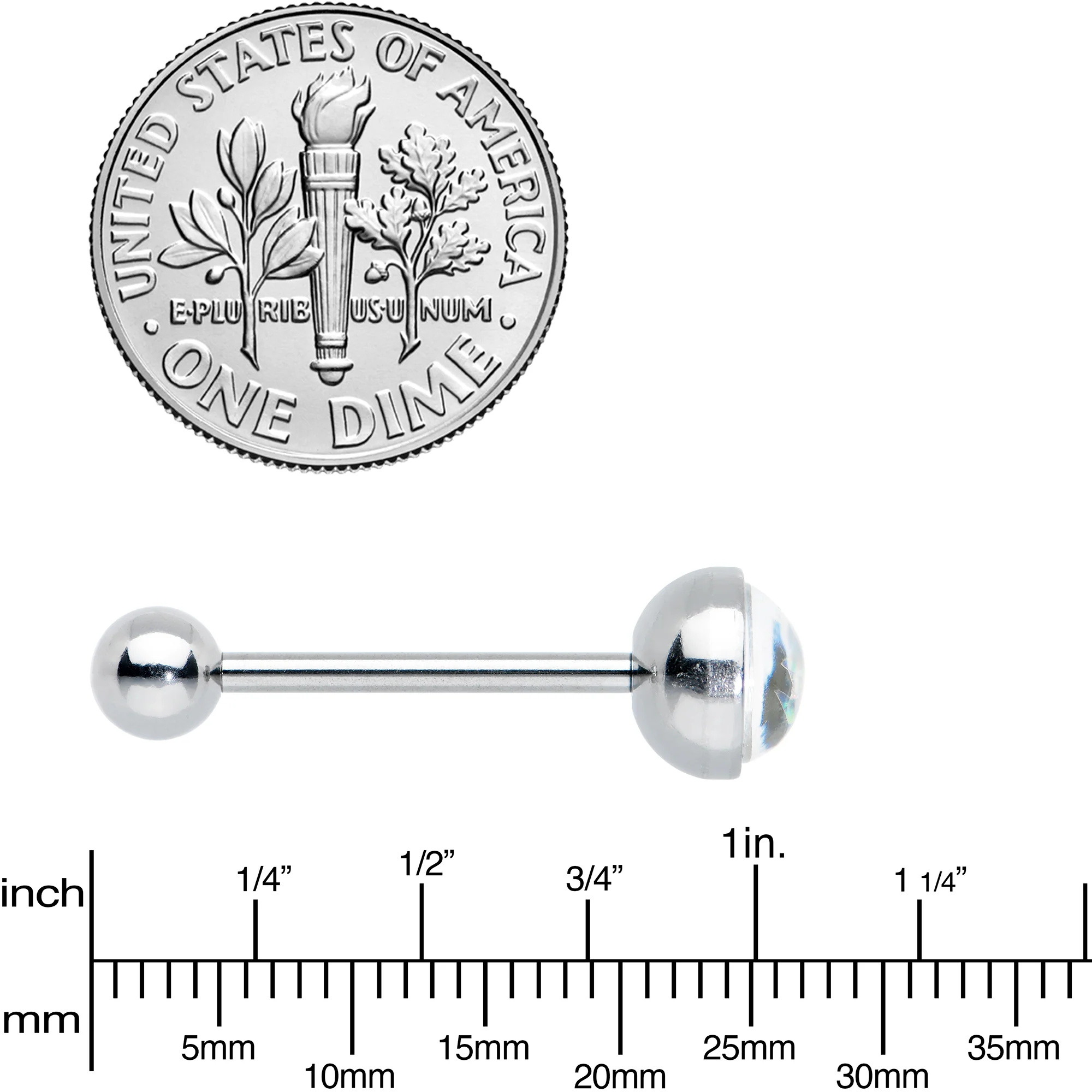 White Faux Opal Disc Top Barbell Tongue Ring - Image 4