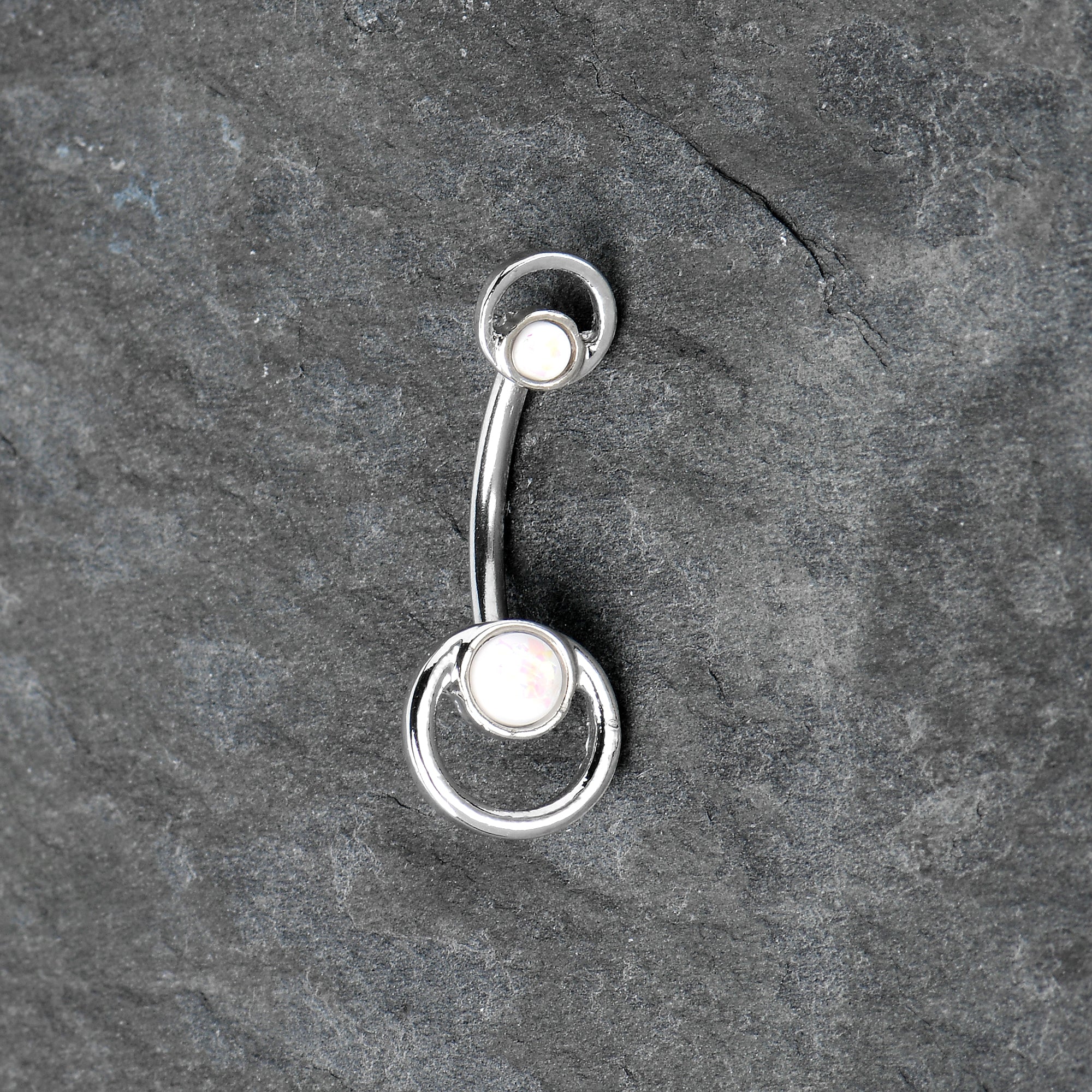 White Faux Opal Double Circle Double Mount Belly Ring - Image 6