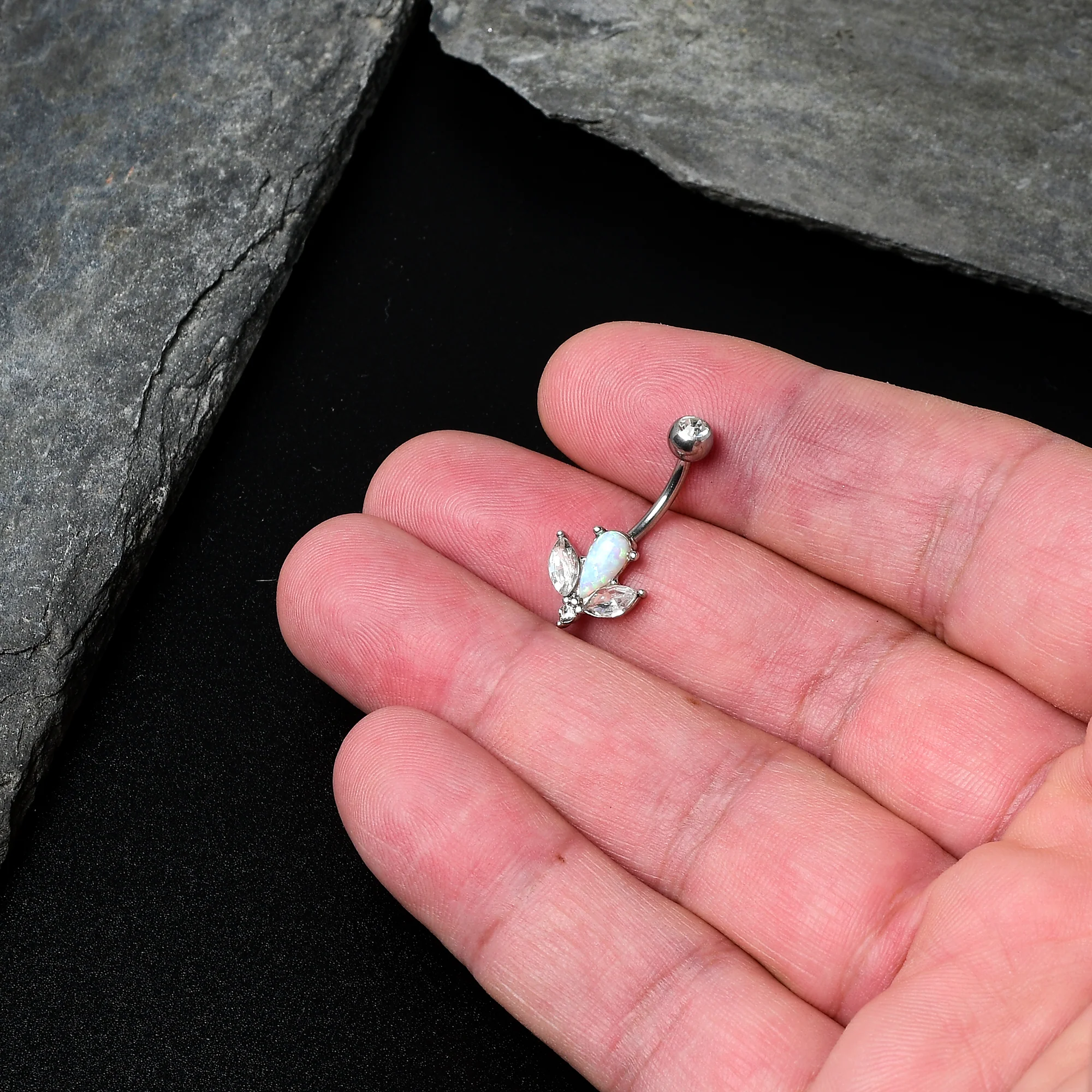 White Faux Opal Drop Flower Belly Ring - Image 2