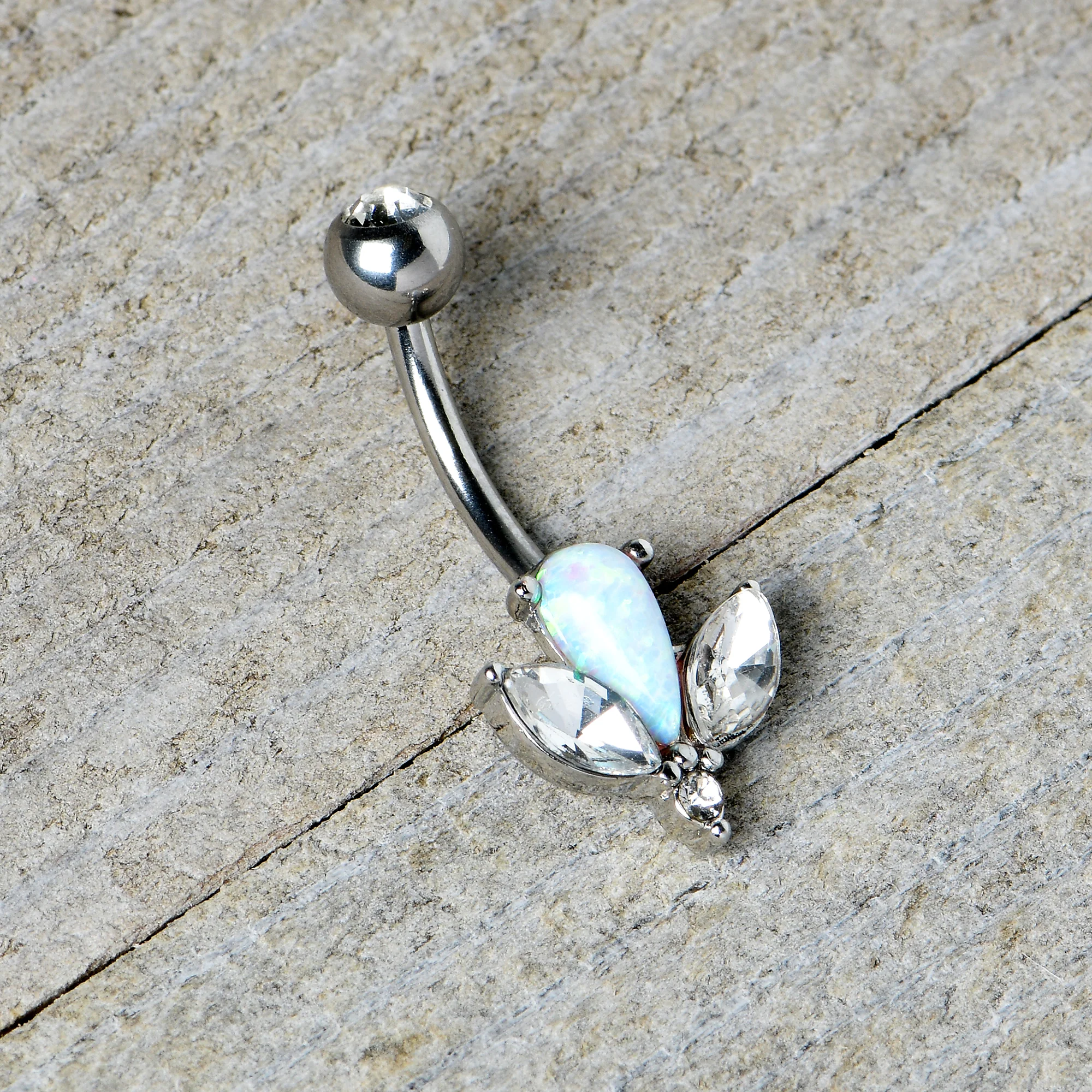 White Faux Opal Drop Flower Belly Ring - Image 7
