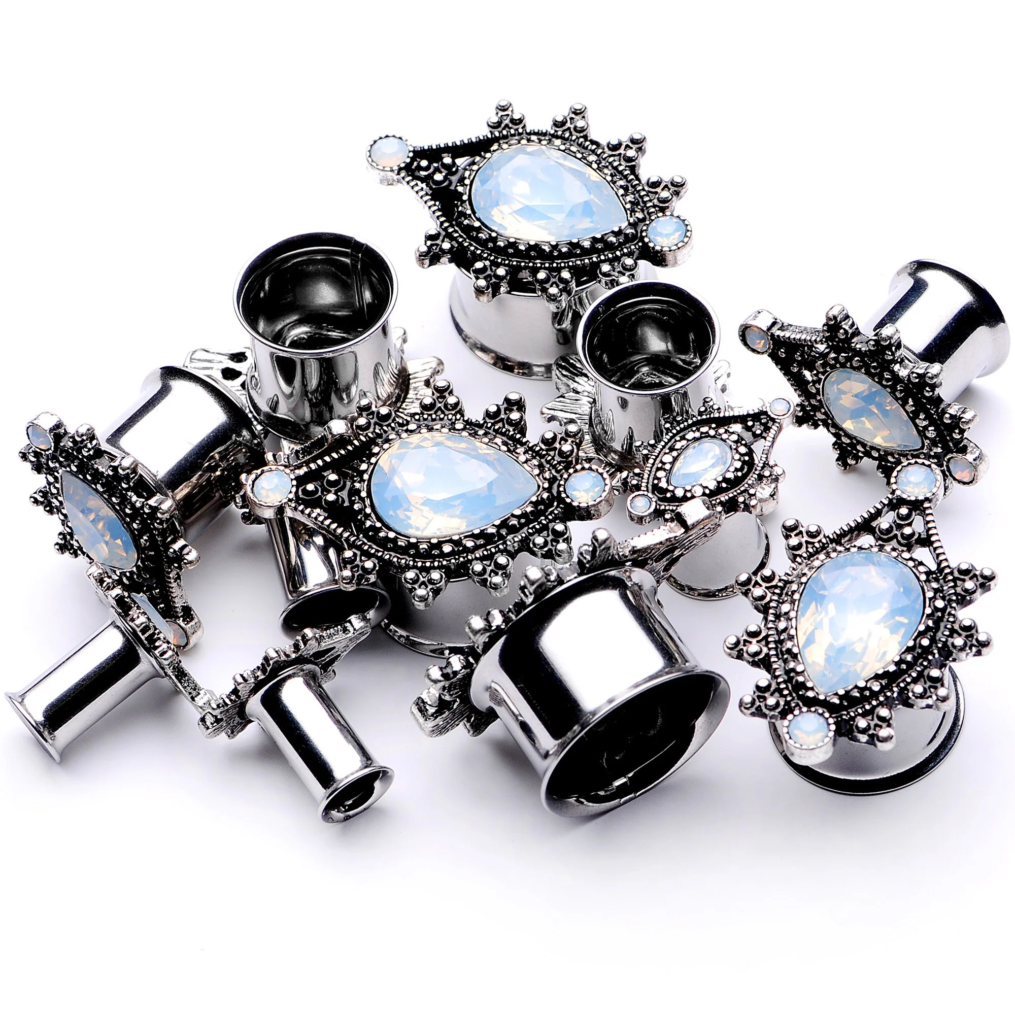 White Faux Opal Filigree Framed Double Flare Plug Set 6mm  to 12mm - Image 3