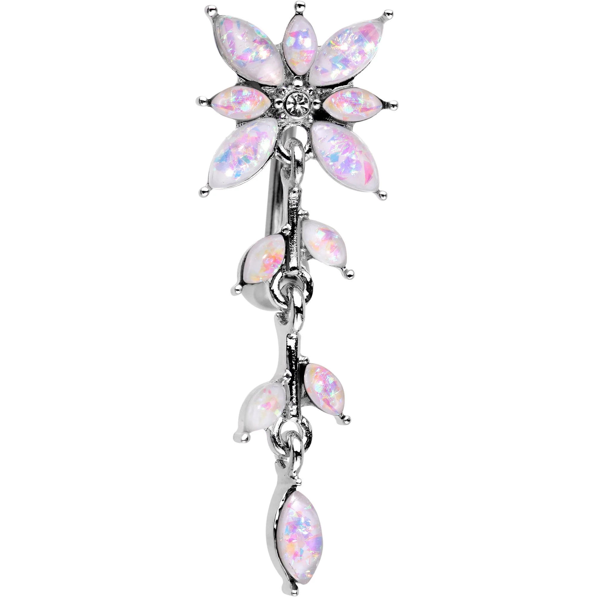 White Faux Opal Frosted Flower Trail Top Mount Dangle Belly Ring - Image 2
