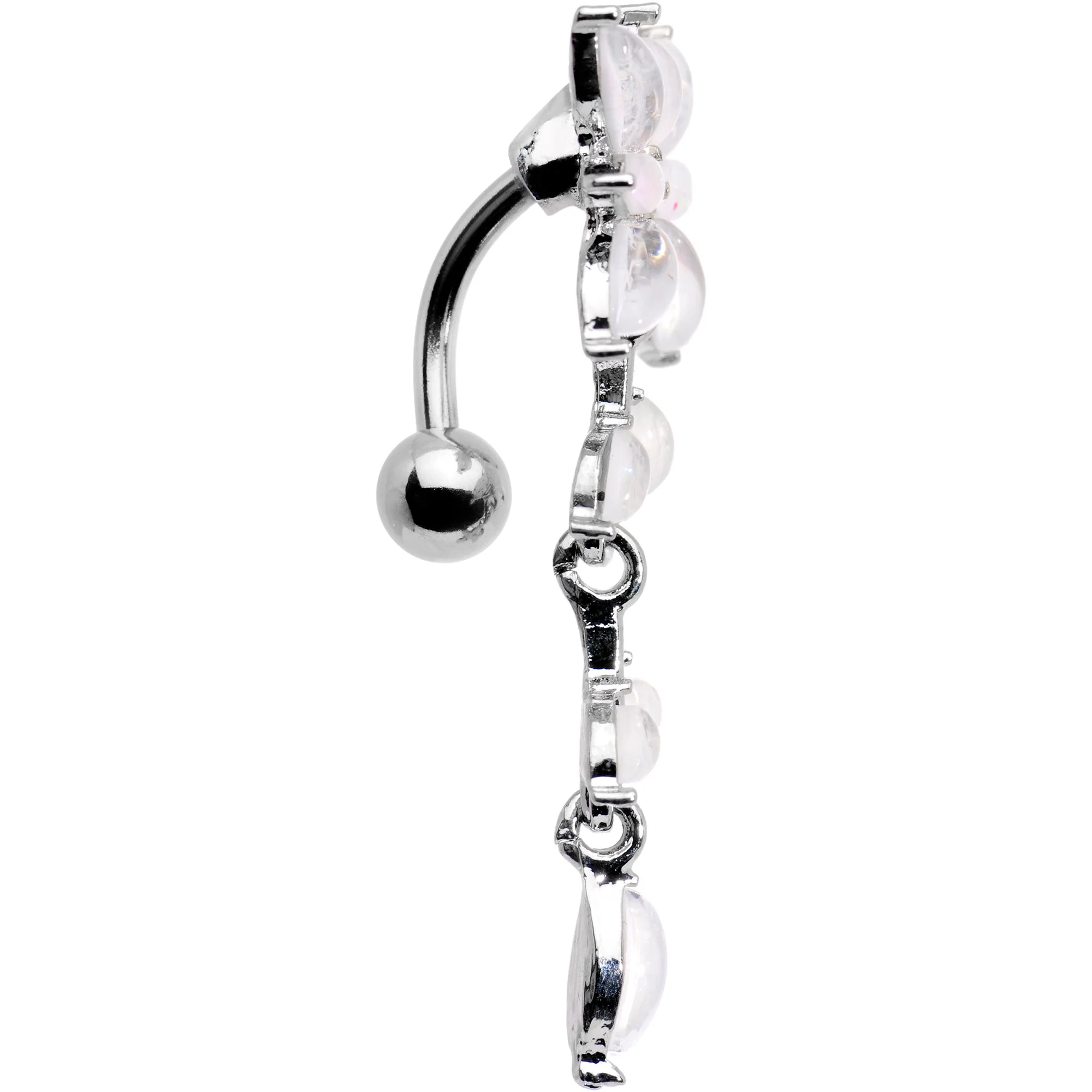White Faux Opal Frosted Flower Trail Top Mount Dangle Belly Ring - Image 3