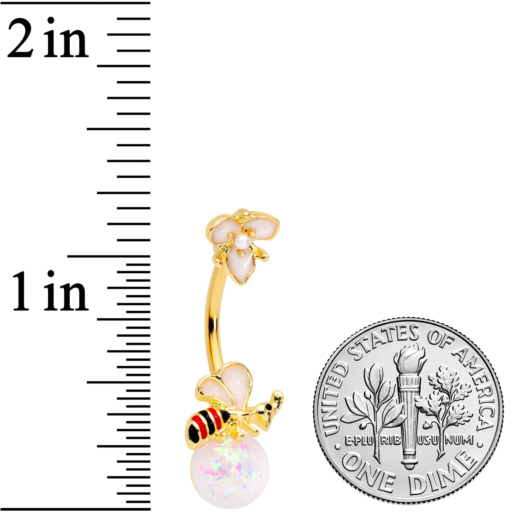White Faux Opal Gold Tone Insect Flower Belly Ring - Image 2