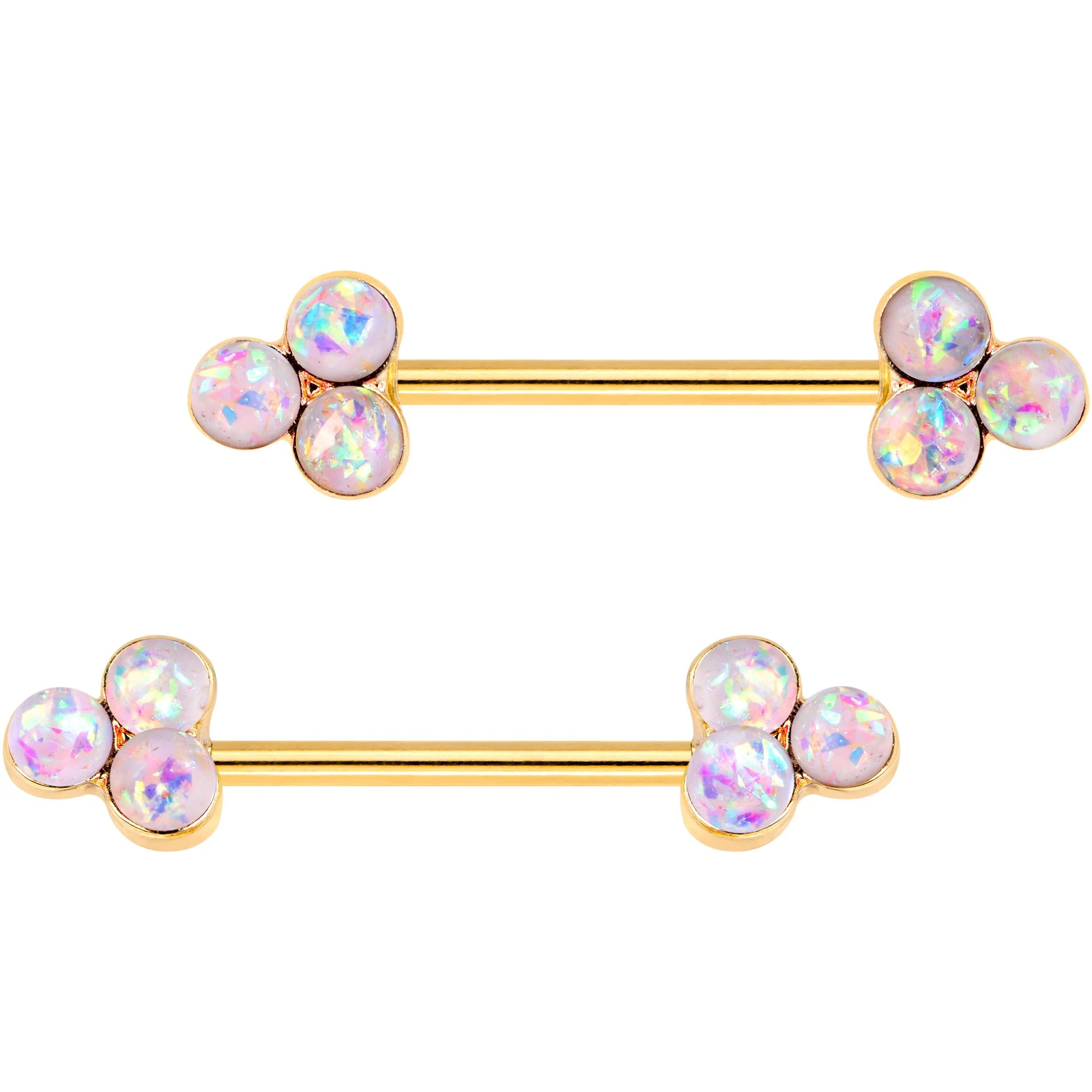 White Faux Opal Gold Tone Plated Triple Circle Barbell Nipple Ring Set