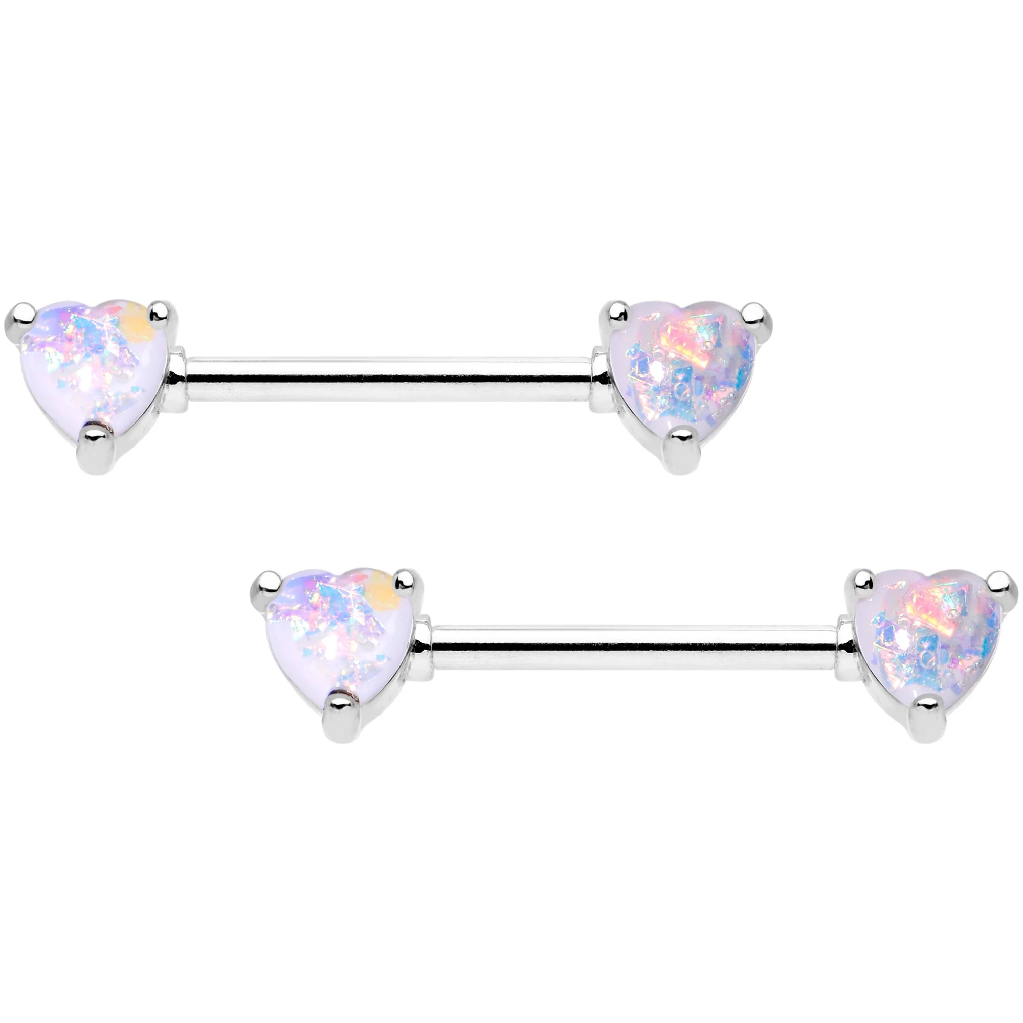 White Faux Opal Heart Captive Ring Straight Barbell Nipple Ring Set - Image 3