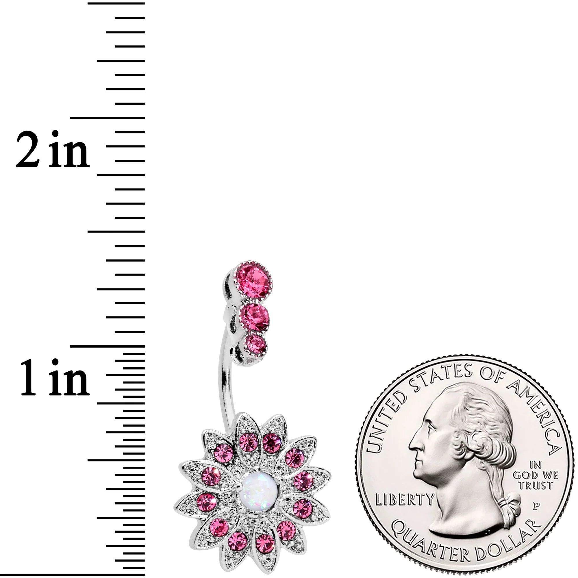 White Faux Opal Pink Clear Gem Triple Drop Floral Belly Ring - Image 2