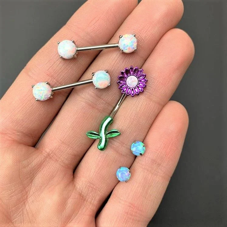 White Faux Opal Purple Sunflower Leaf Double Mount Belly Ring - Image 3