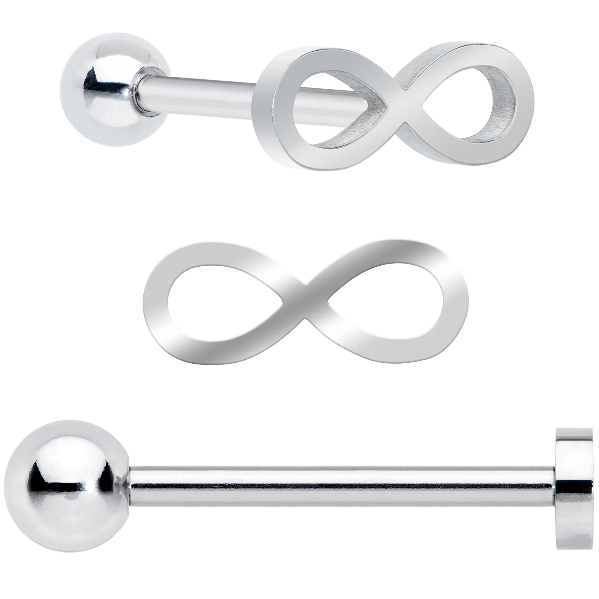 White Faux Opal Rainbow Infinity Heart Barbell Tongue Ring Set of 3 - Image 3