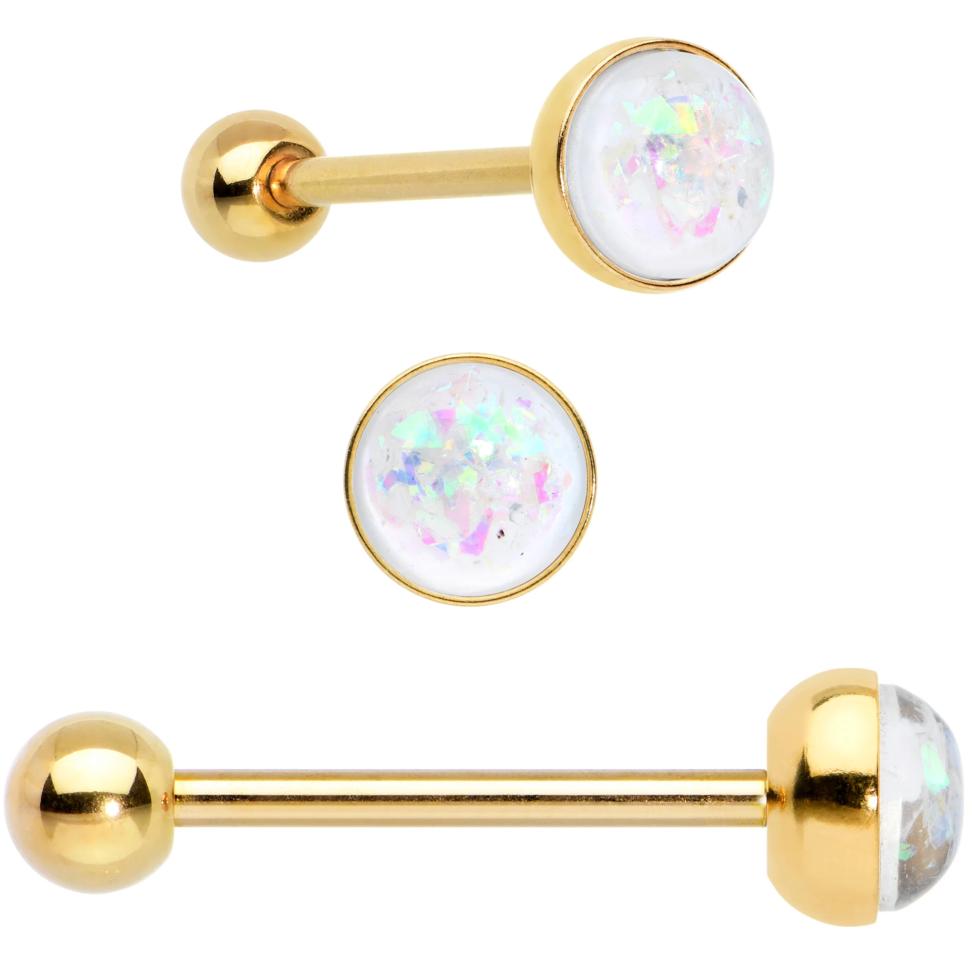 White Faux Opal Rainbow Infinity Heart Barbell Tongue Ring Set of 3 - Image 4