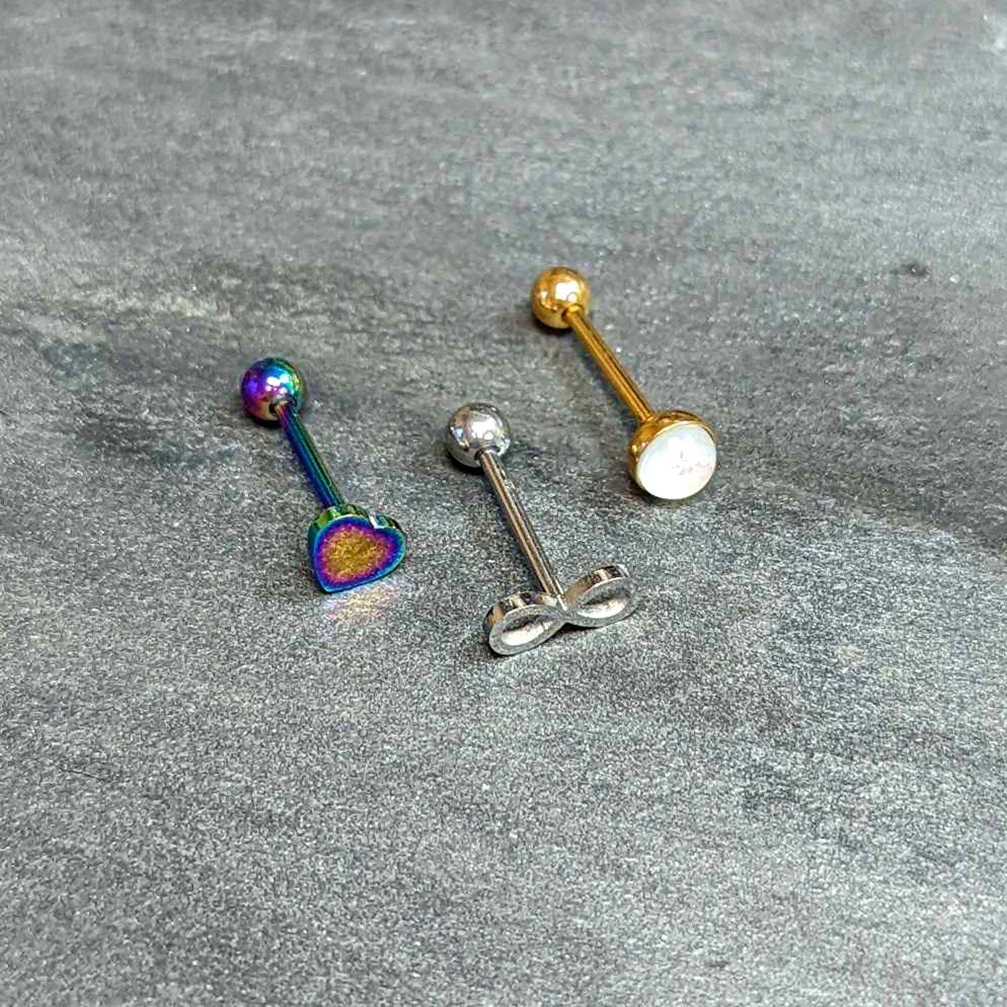 White Faux Opal Rainbow Infinity Heart Barbell Tongue Ring Set of 3 - Image 7