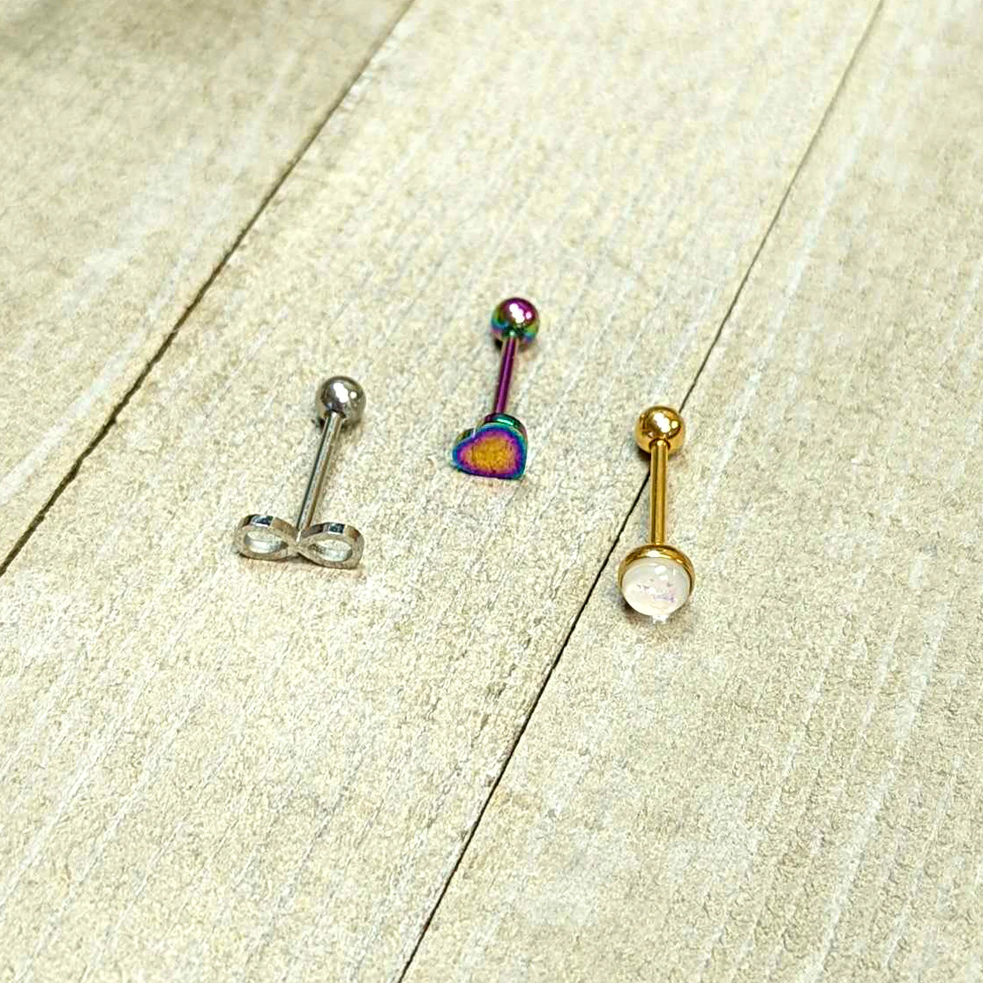 White Faux Opal Rainbow Infinity Heart Barbell Tongue Ring Set of 3 - Image 8