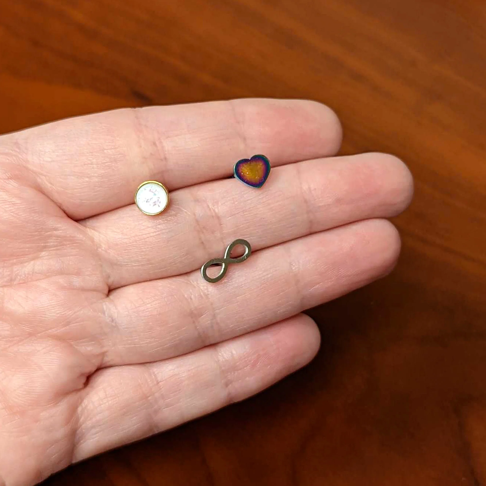 White Faux Opal Rainbow Infinity Heart Barbell Tongue Ring Set of 3 - Image 9