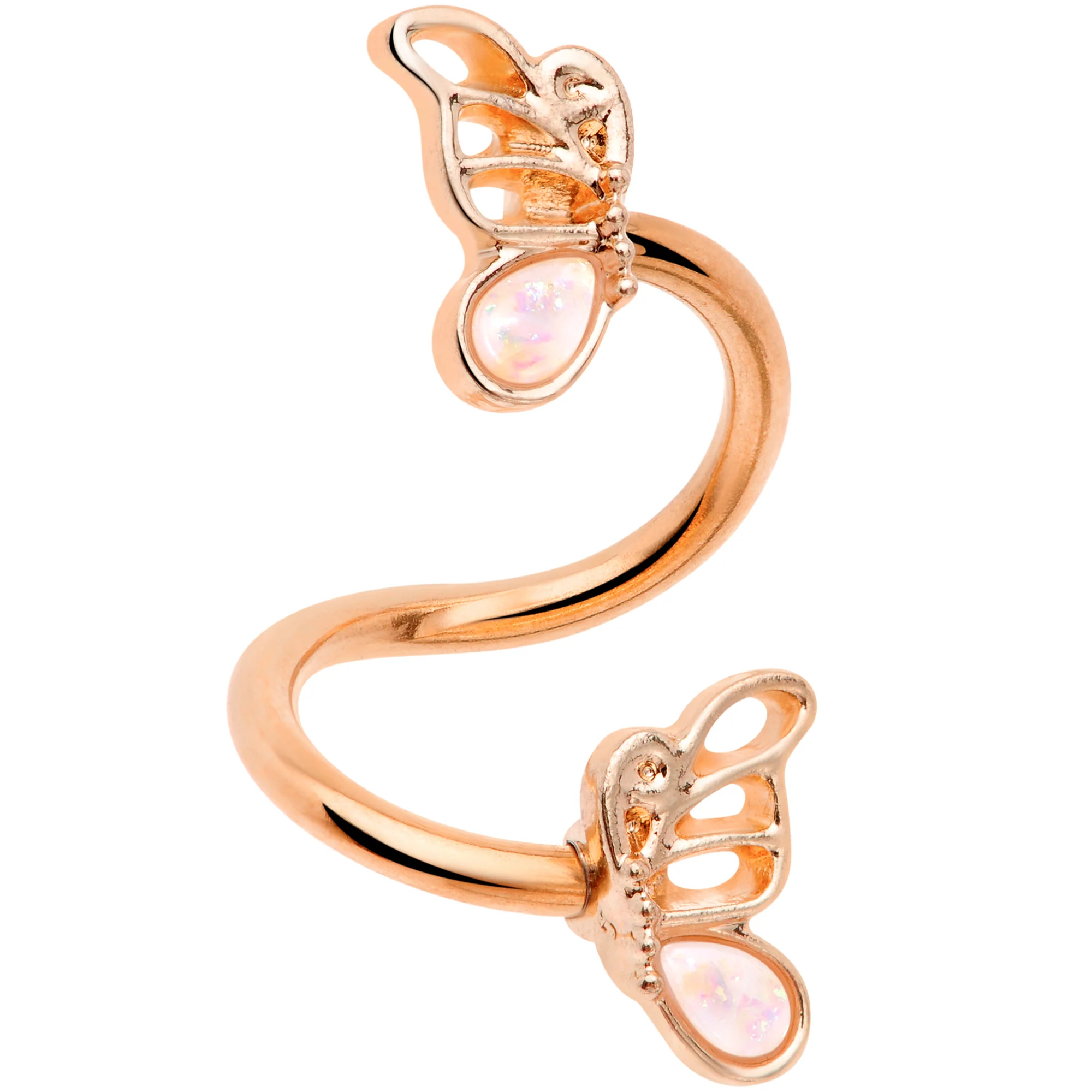 White Faux Opal Rose Gold Tone Butterfly Spiral Twister Belly Ring - Image 2