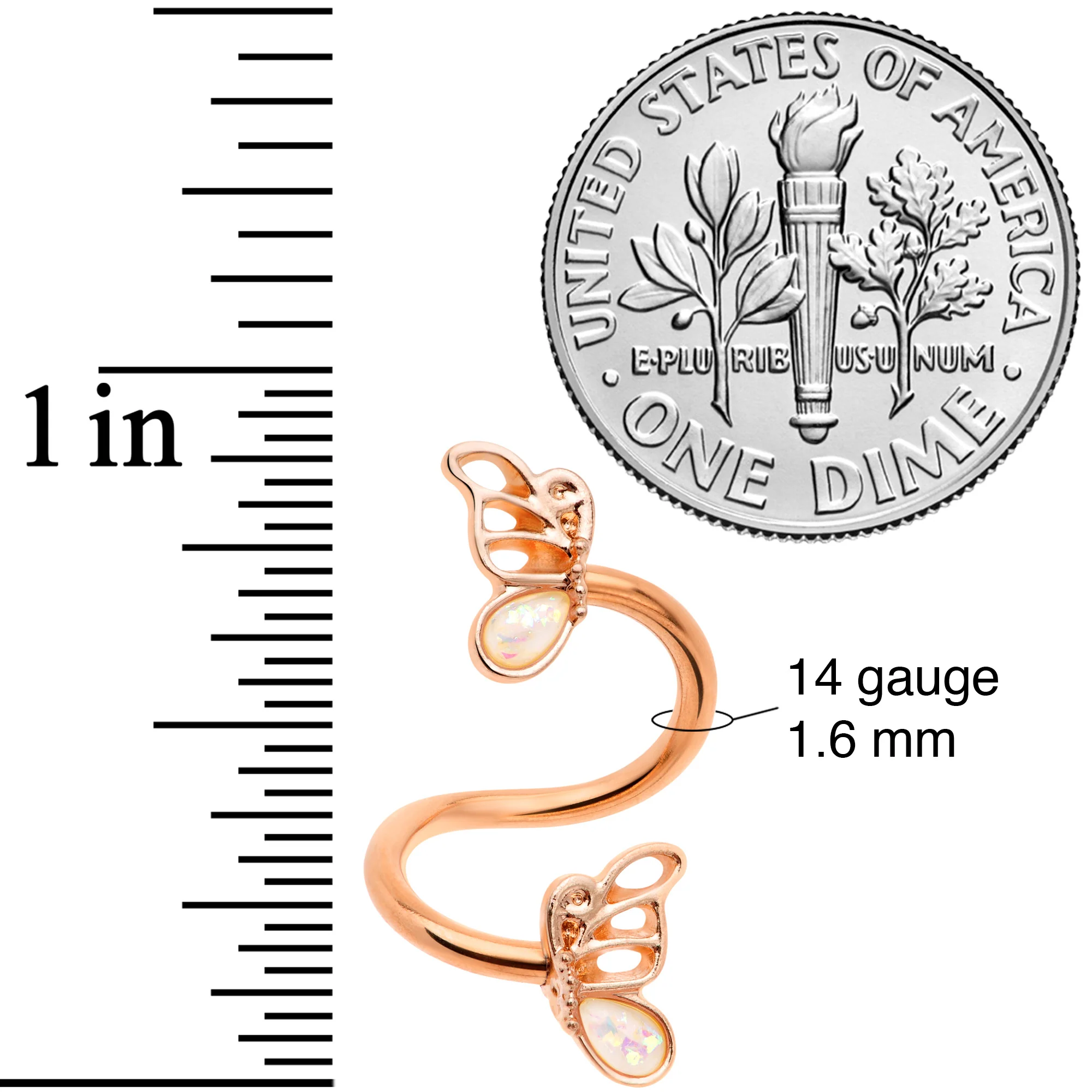 White Faux Opal Rose Gold Tone Butterfly Spiral Twister Belly Ring - Image 3