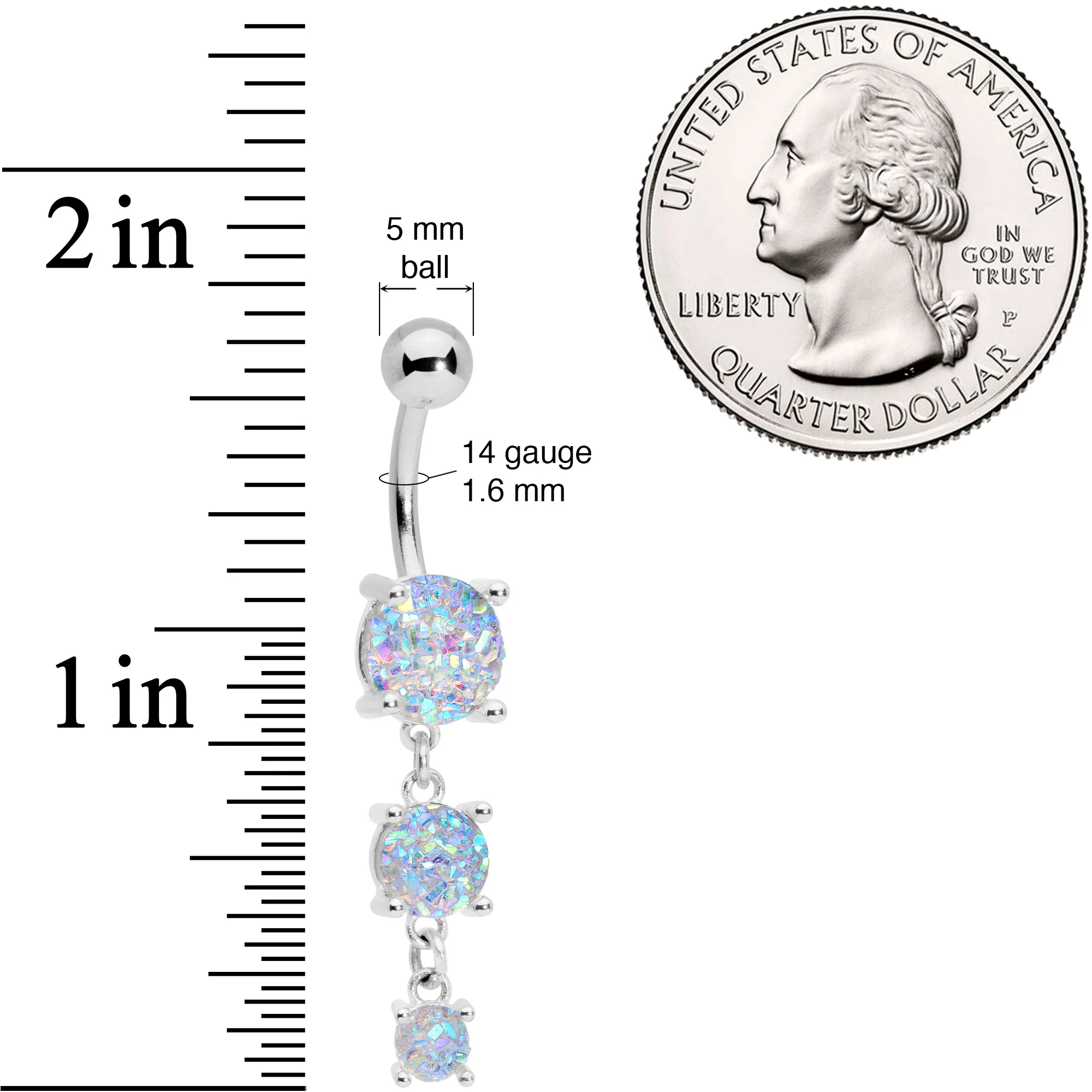 White Gem Triple Drop Dangle Belly Ring - Image 2