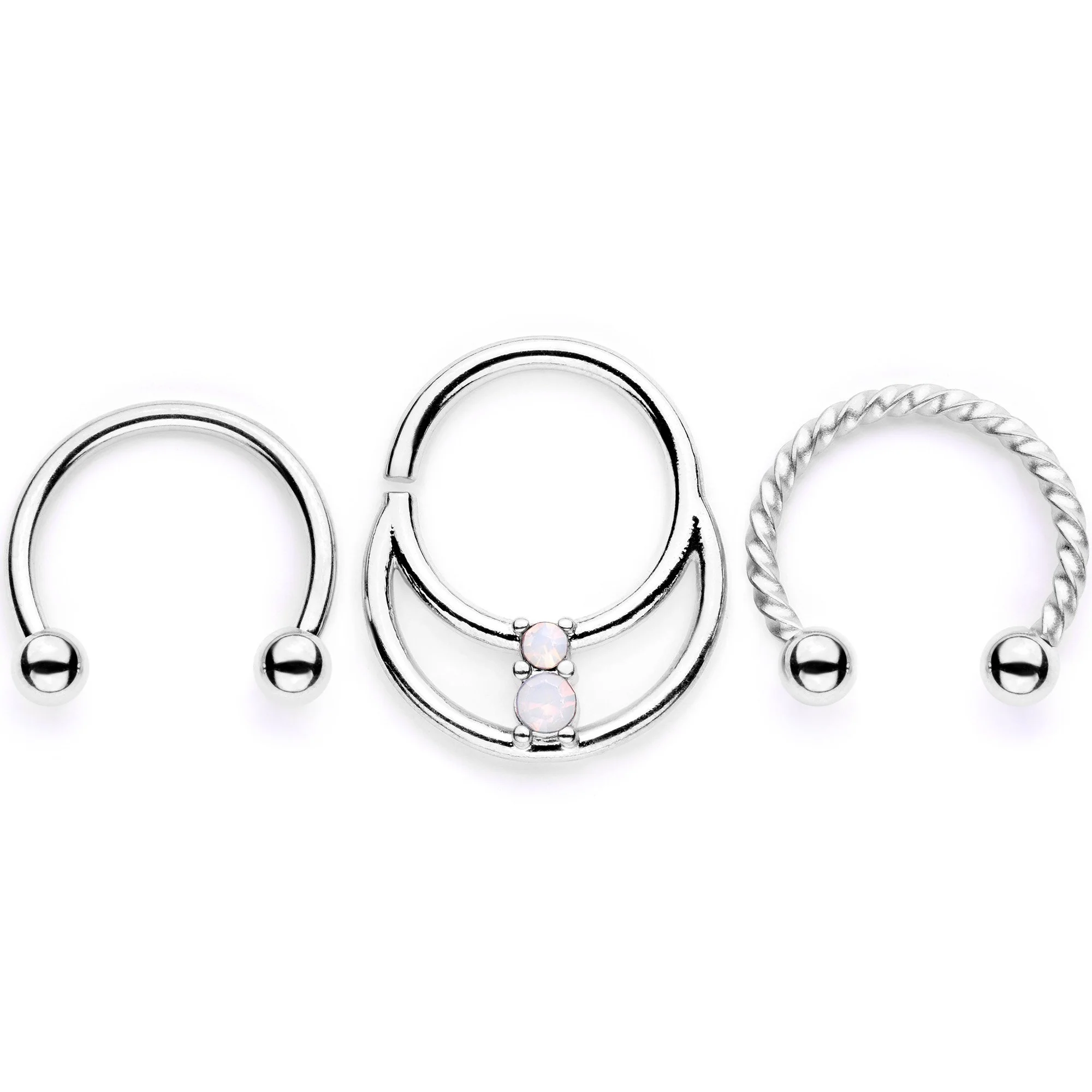 16G 3/8 White Faux Opal Twisted Horseshoe Closure Ring Set - Image 2