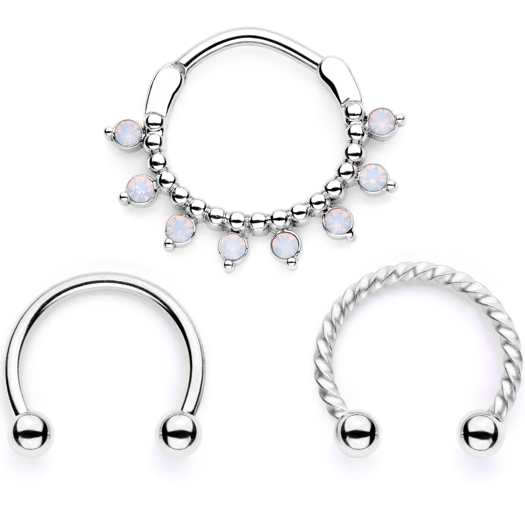16G 3/8 White Faux Opal Twisted Hoseshoe and Clicker Set of 3