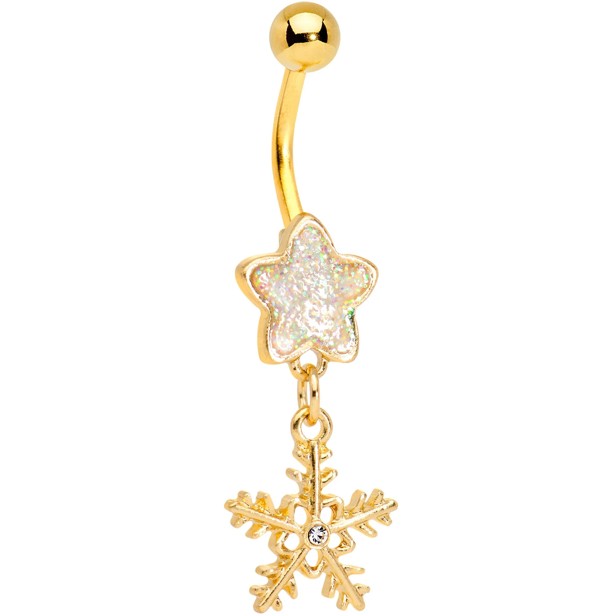 White Gem Gold Plated Star and Snowflake Dangle Belly Ring
