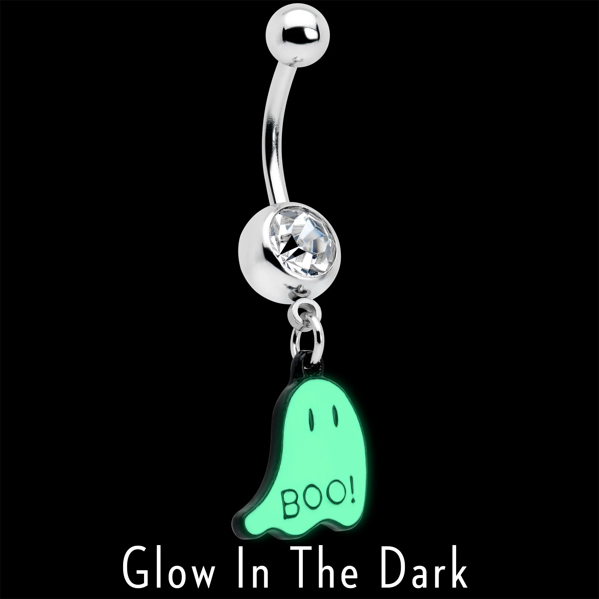 Clear Gem White Ghost Glow in the Dark Halloween Dangle Belly Ring - Image 2