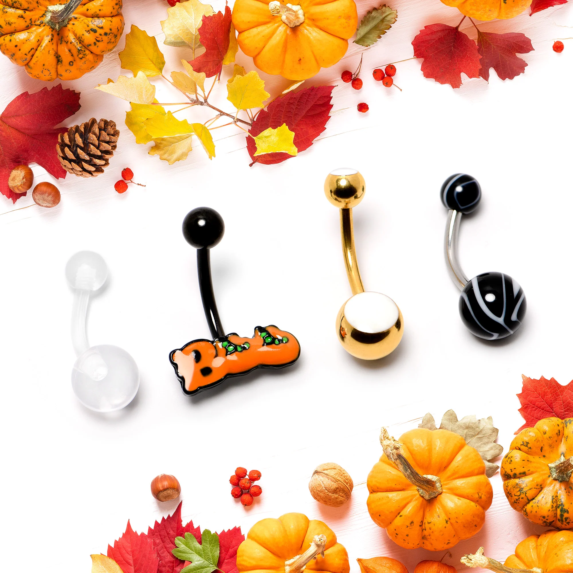 White Gold Tone Clear Halloween Marbelized Boo Belly Ring Set of 4 - Image 7