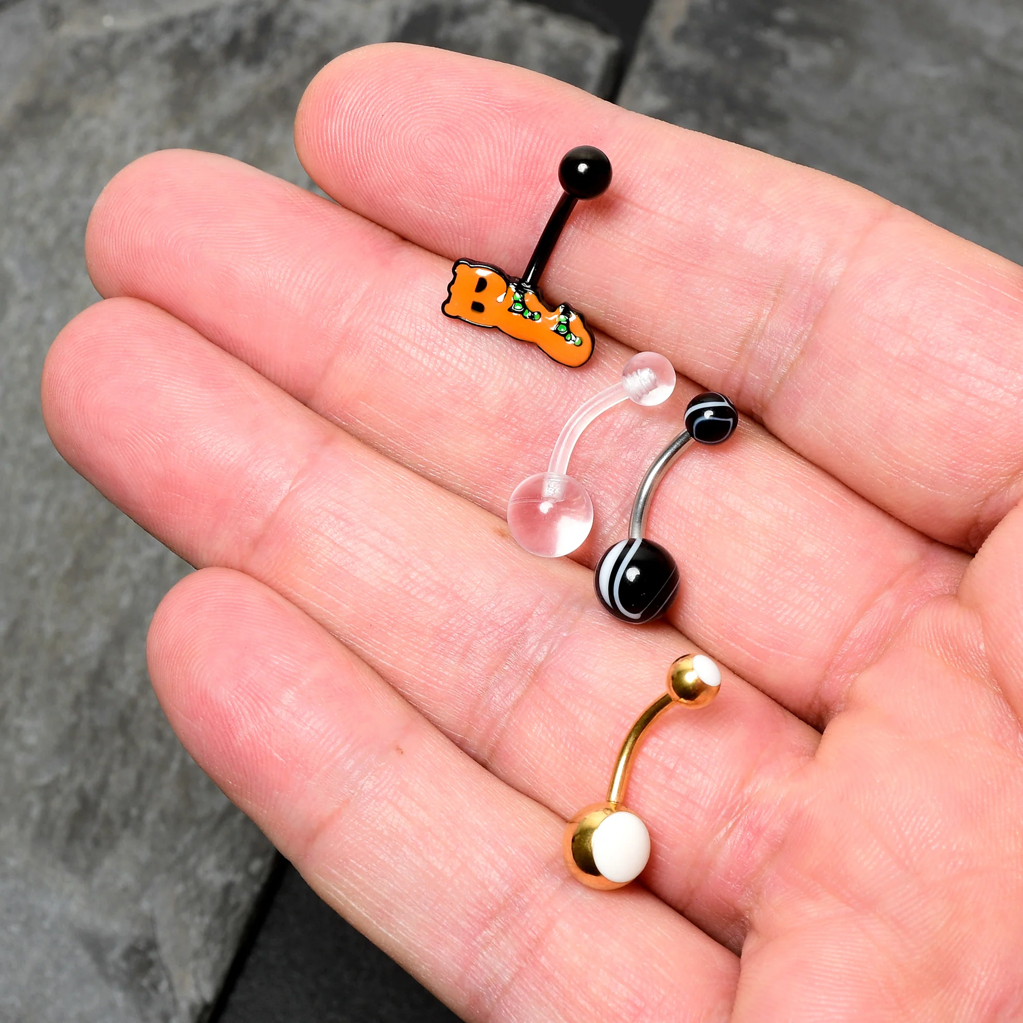 White Gold Tone Clear Halloween Marbelized Boo Belly Ring Set of 4 - Image 8
