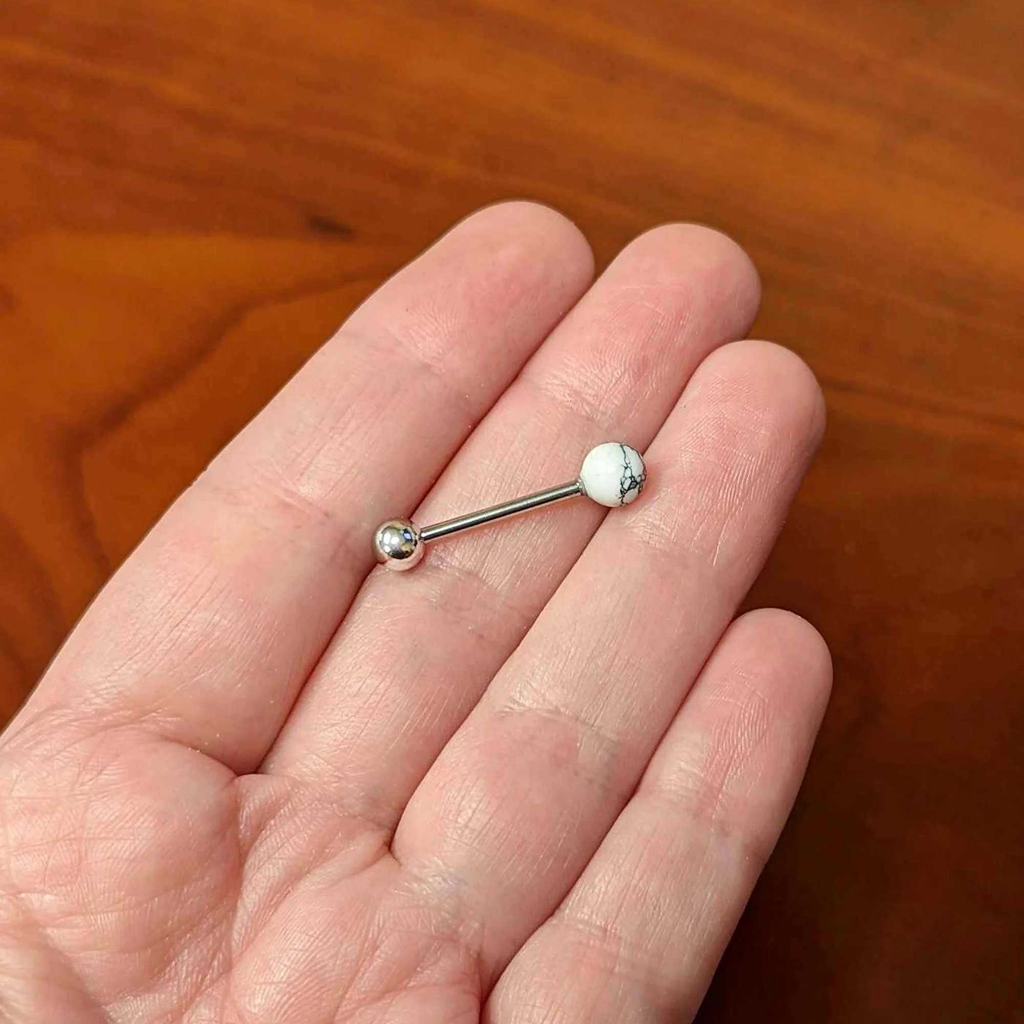 White Howlite Stone Top End Barbell Tongue Ring - Image 5