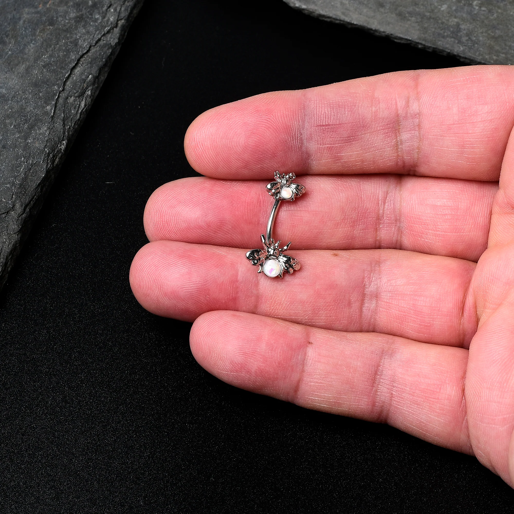 White Opalescent Bees Beautiful Insect Double Mount Belly Ring - Image 2