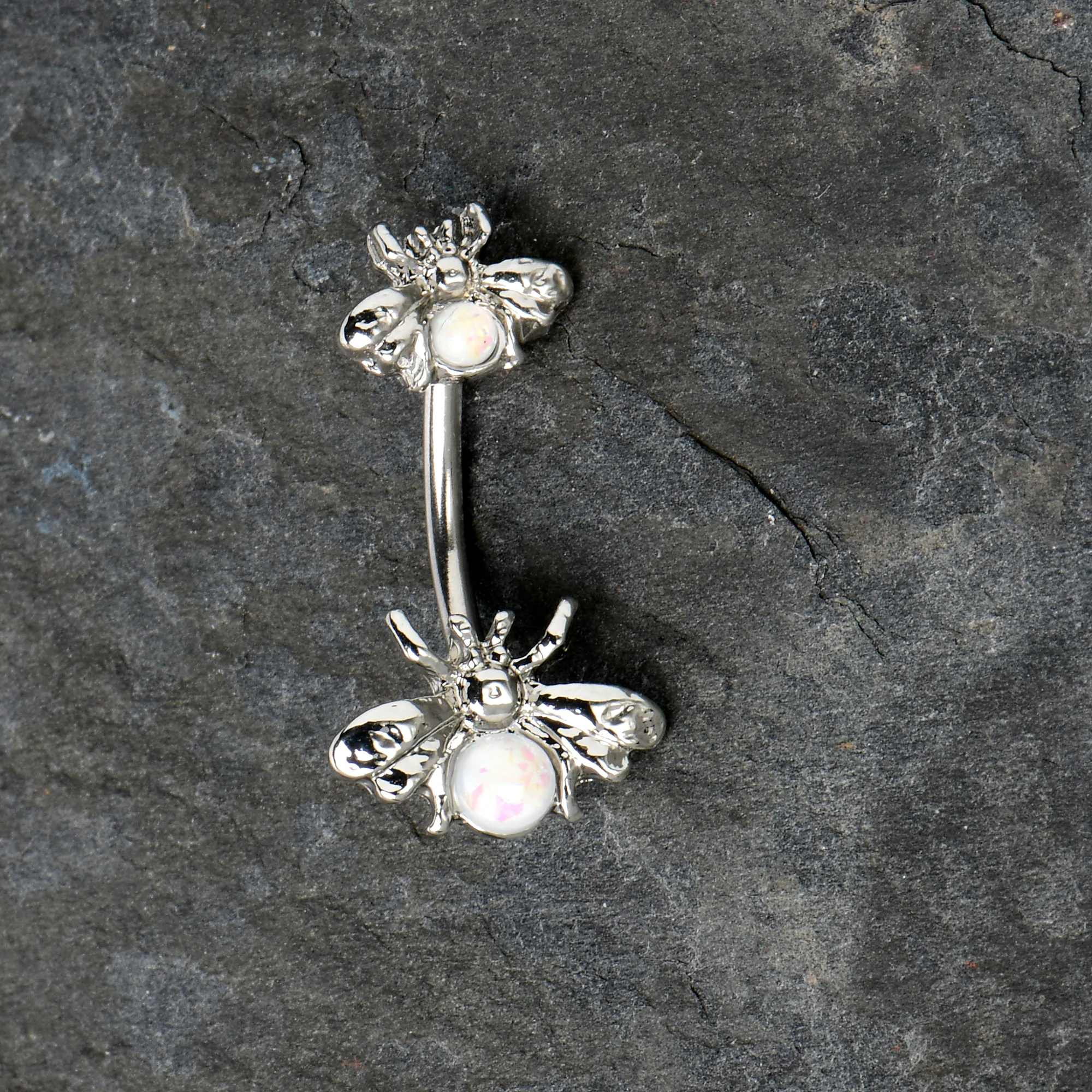 White Opalescent Bees Beautiful Insect Double Mount Belly Ring - Image 5