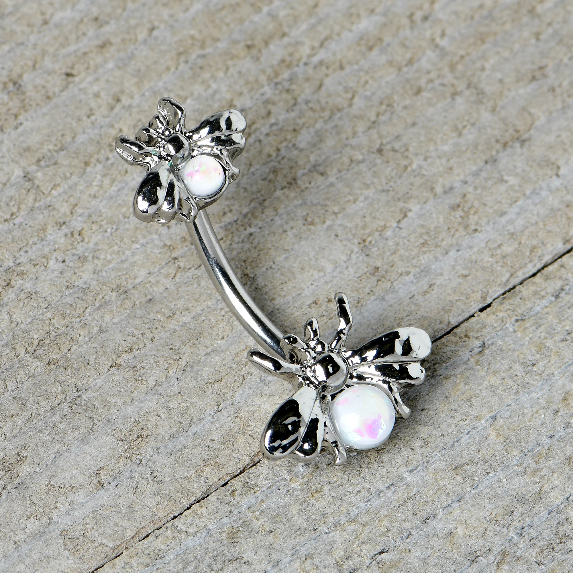 White Opalescent Bees Beautiful Insect Double Mount Belly Ring - Image 6