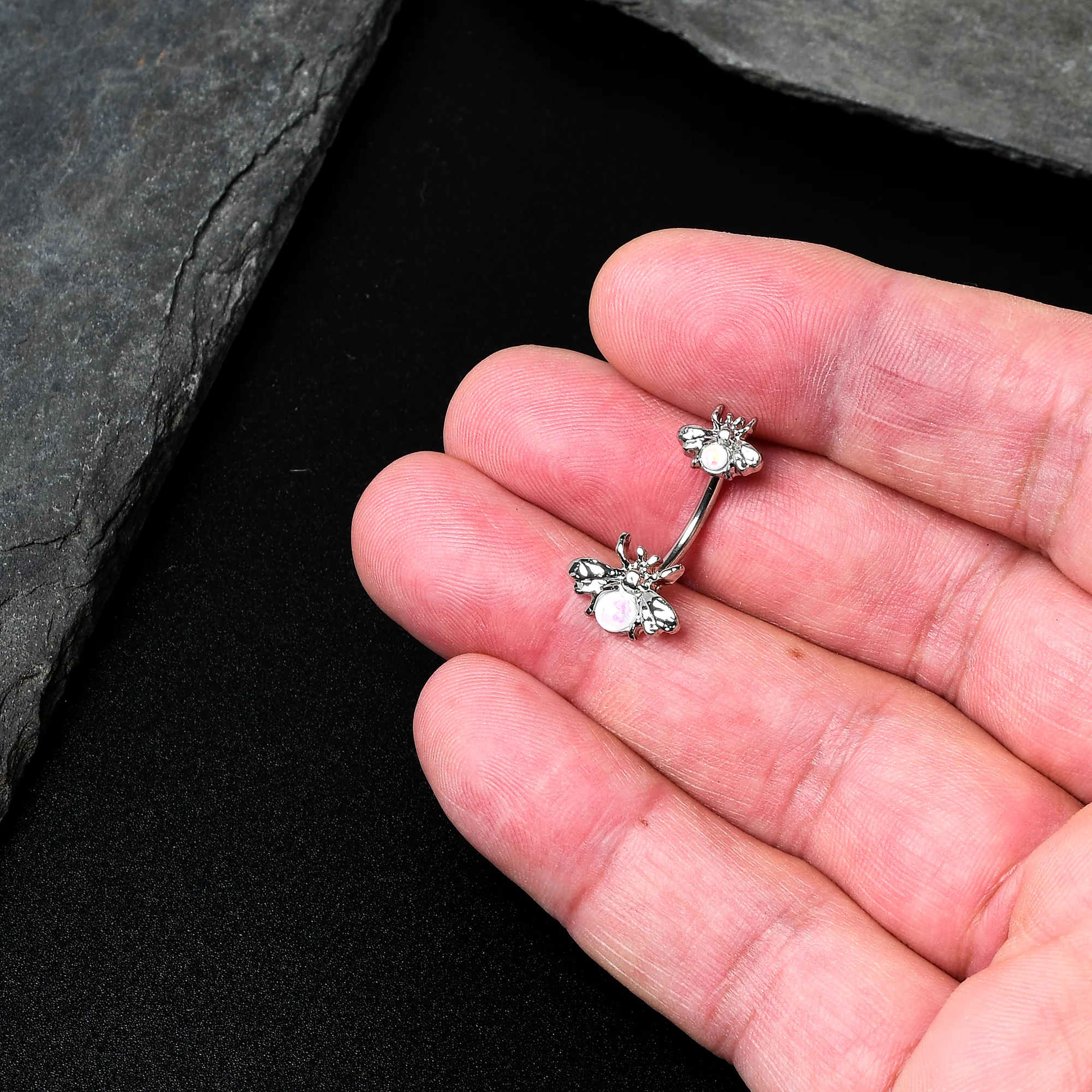 White Opalescent Bees Beautiful Insect Double Mount Belly Ring - Image 7