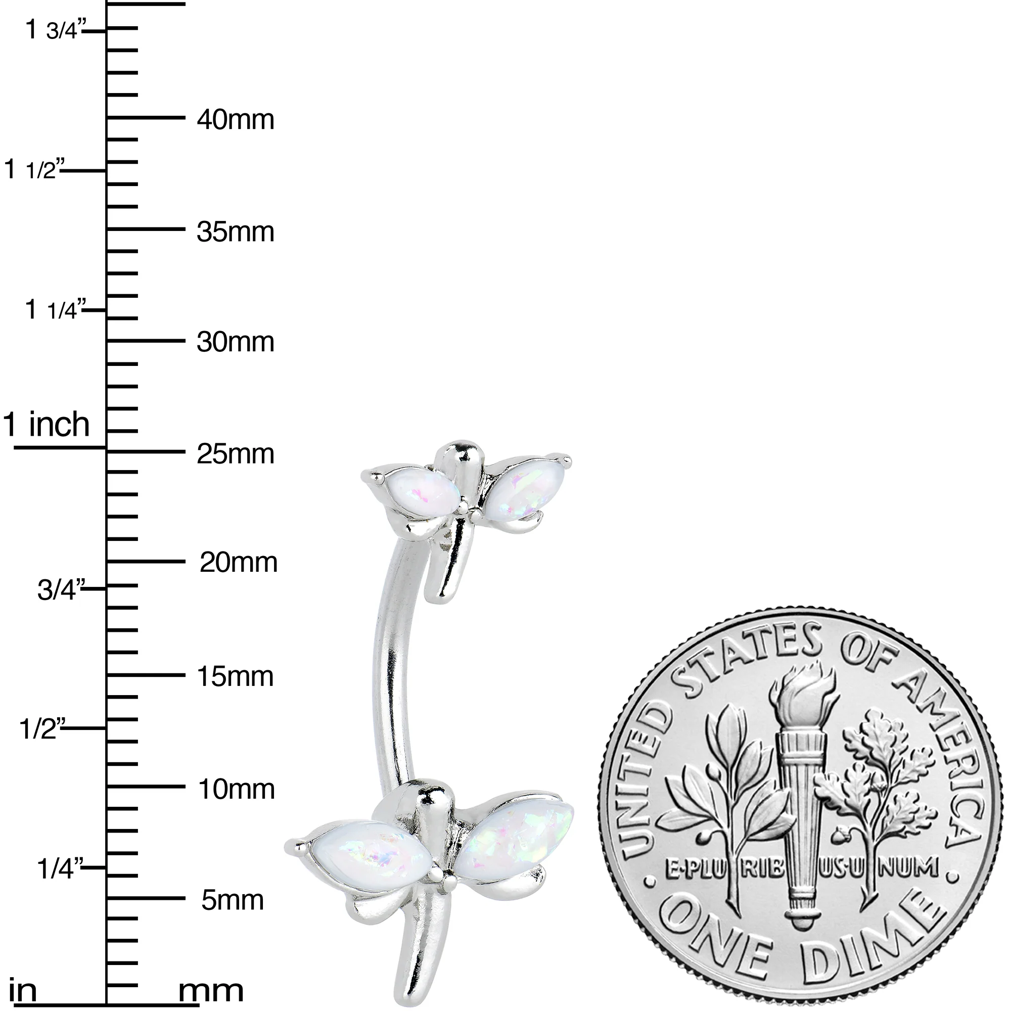 White Opalescent Simple Stylized Dragonfly Double Mount Belly Ring - Image 3